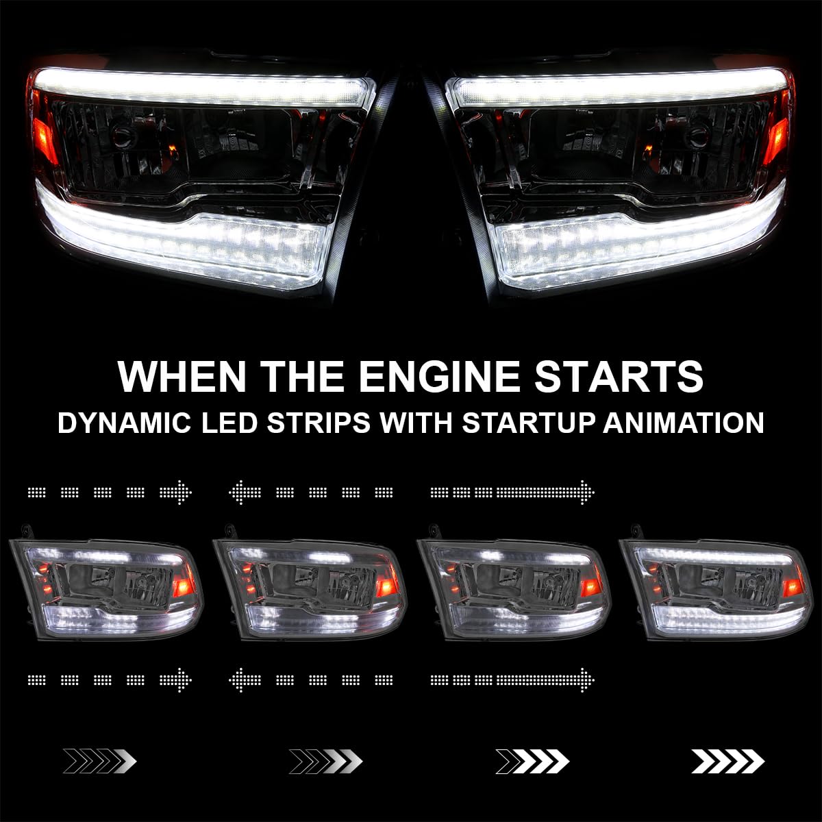 Switchback Sequential LED Signal Strip Headlights SPEC-D TUNING w/Startup Animation Compatible with 2009-2018 Dodge Ram 1500, 2010-2018 Ram 2500 3500, Left + Right Pair Headlamps Assembly