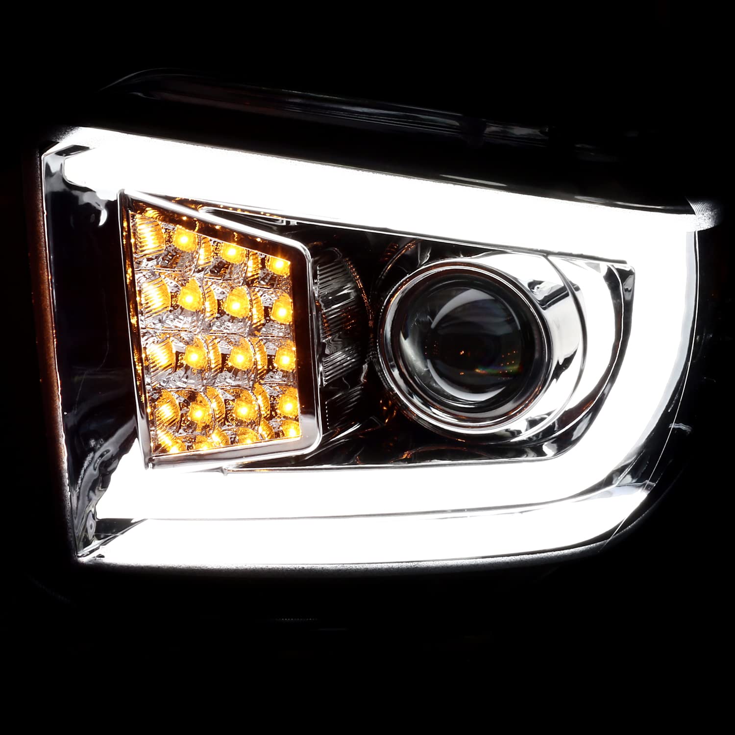 Chrome LED Light Bar Projector Headlights w/Sequential LED Signal Spec-D Tuning Compatible with 2014-2021 Toyota Tundra, Left + Right Pair Headlamps Assembly