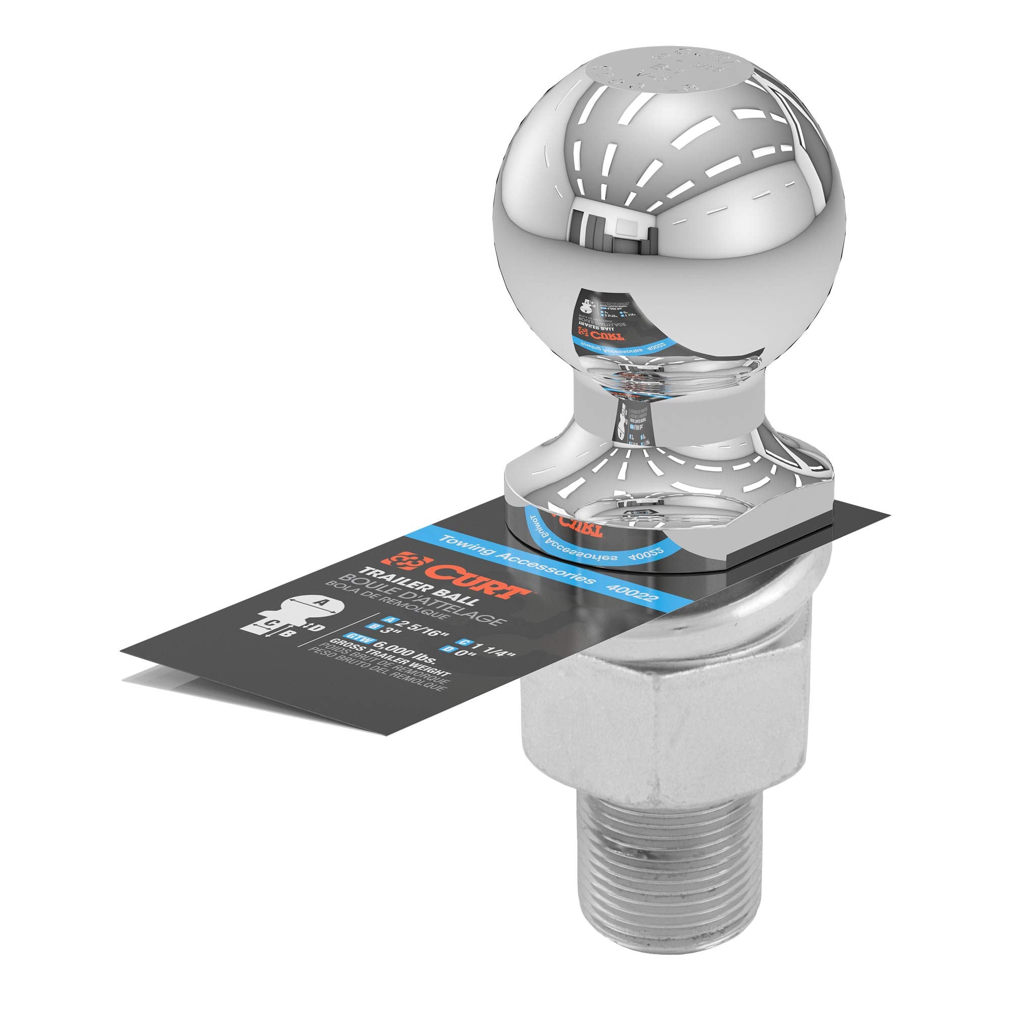 CURT Chrome Trailer Hitch Ball 40022, 6,000 lbs, 2-5/16-Inch Diameter, 1-1/4 x 3-Inch Shank