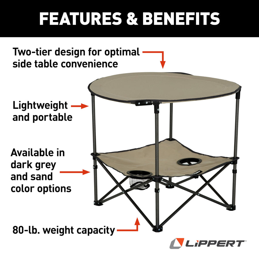 Lippert Two-Tier Sand Folding Camping Table with Dual Cupholders, 600D Polyester Fabric, Powder-Coated Steel Frame, Foldable Design, Lightweight Construction, Zippered Carry Bag - 2023053721