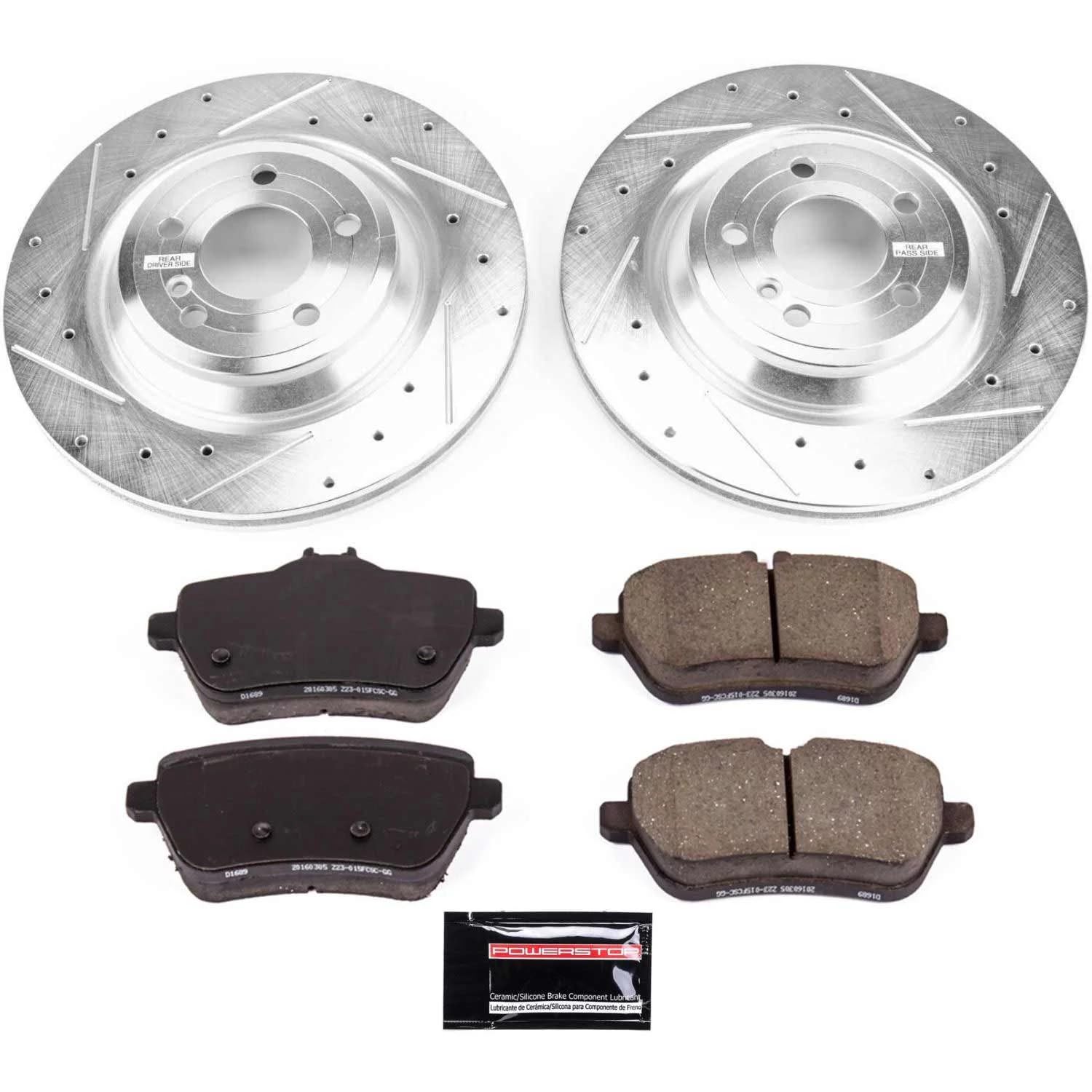 Power Stop K7859 Z23 Carbon Fiber Brake Pads Rear with Drilled & Slotted Brake Rotors Kit For Mercedes-Benz SL400, Mercedes-Benz SL450, Mercedes-Benz SL550 [Model Specific]