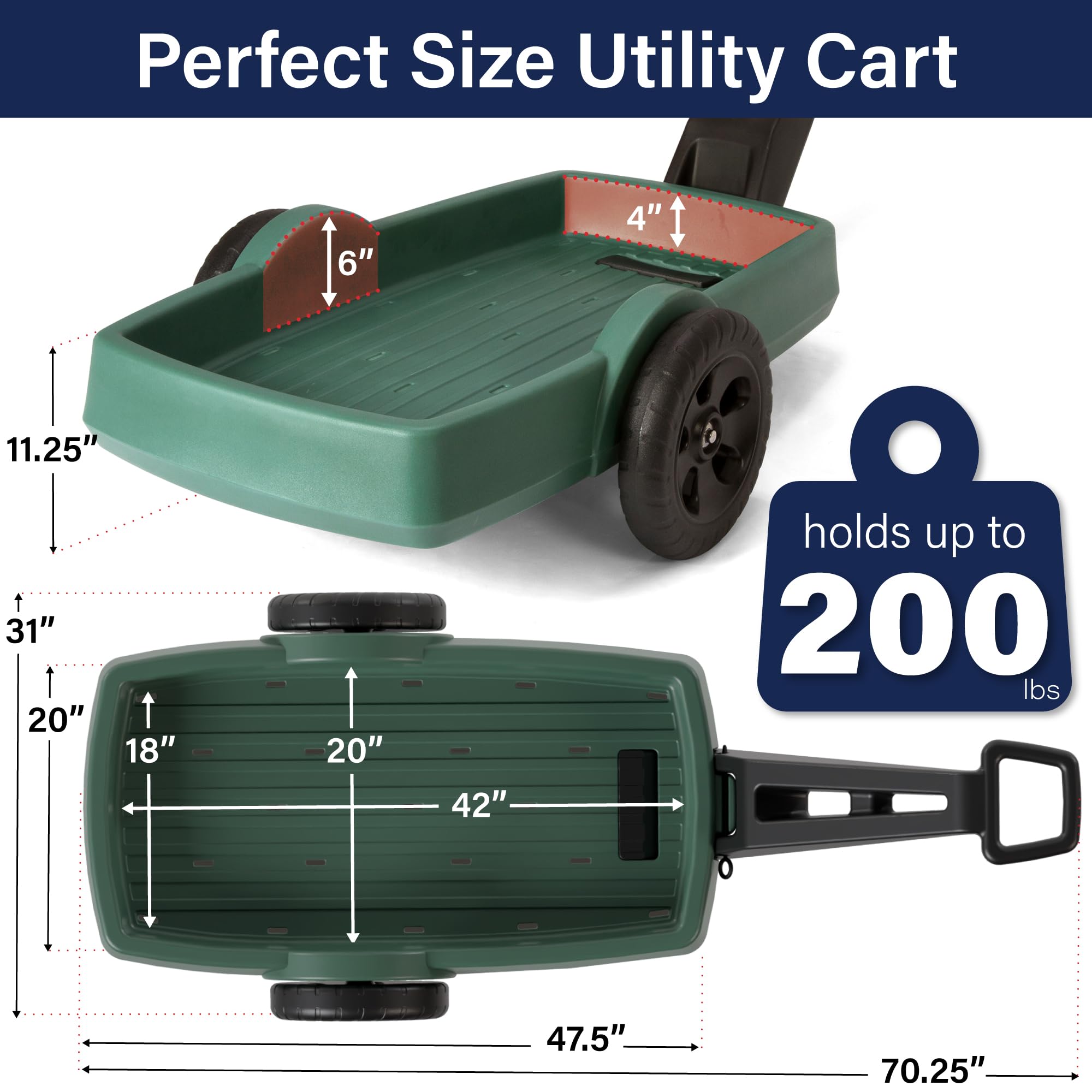 Simplay3 Outdoor Cart Yard and Garden - Long Handle Easy Turn 2 Wheel Heavy Duty Plastic Pull Cart for The Backyard 42 in. x 20 in. x 4 in. Bed, Green