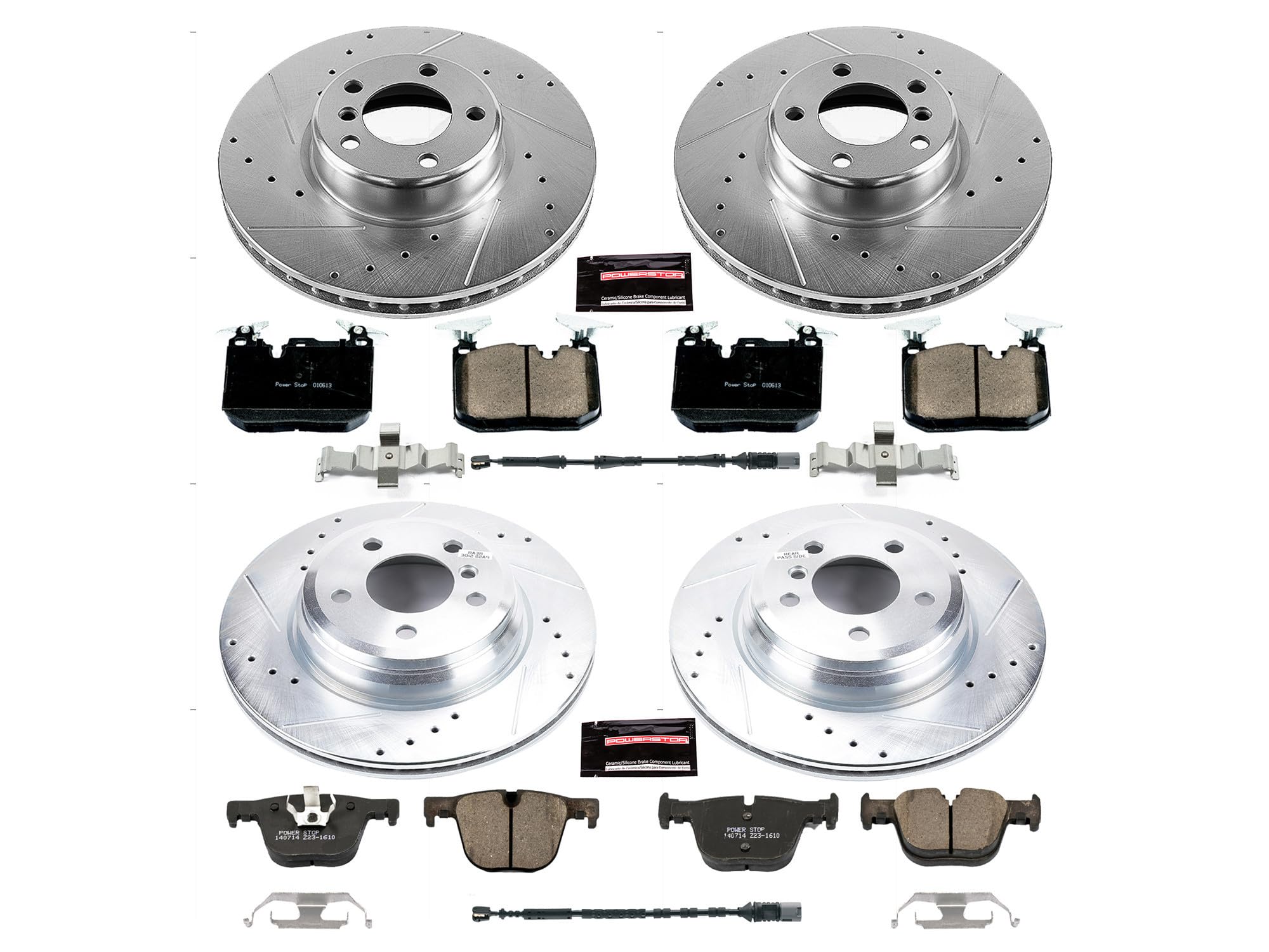 Power Stop K6654 Z23 Carbon Fiber Brake Pads Front and Rear with Drilled and Slotted Brake Rotors Kit and 1 Front & 1 Rear Sensor Wires For BMW 330i 335i 340i 428i 430i 435i 440i Activehybrid3