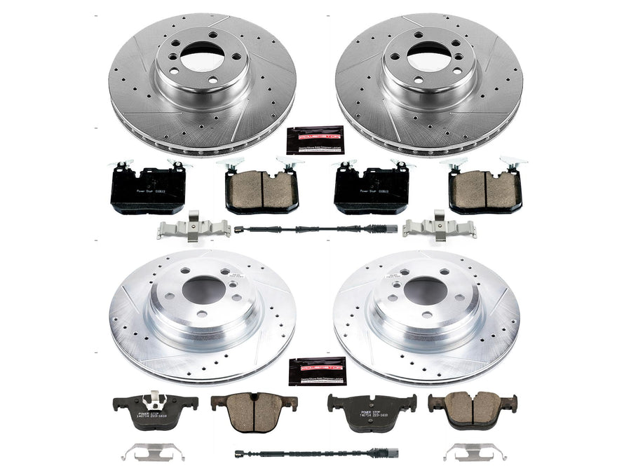 Power Stop K6654 Z23 Carbon Fiber Brake Pads Front and Rear with Drilled and Slotted Brake Rotors Kit and 1 Front & 1 Rear Sensor Wires For BMW 330i 335i 340i 428i 430i 435i 440i Activehybrid3