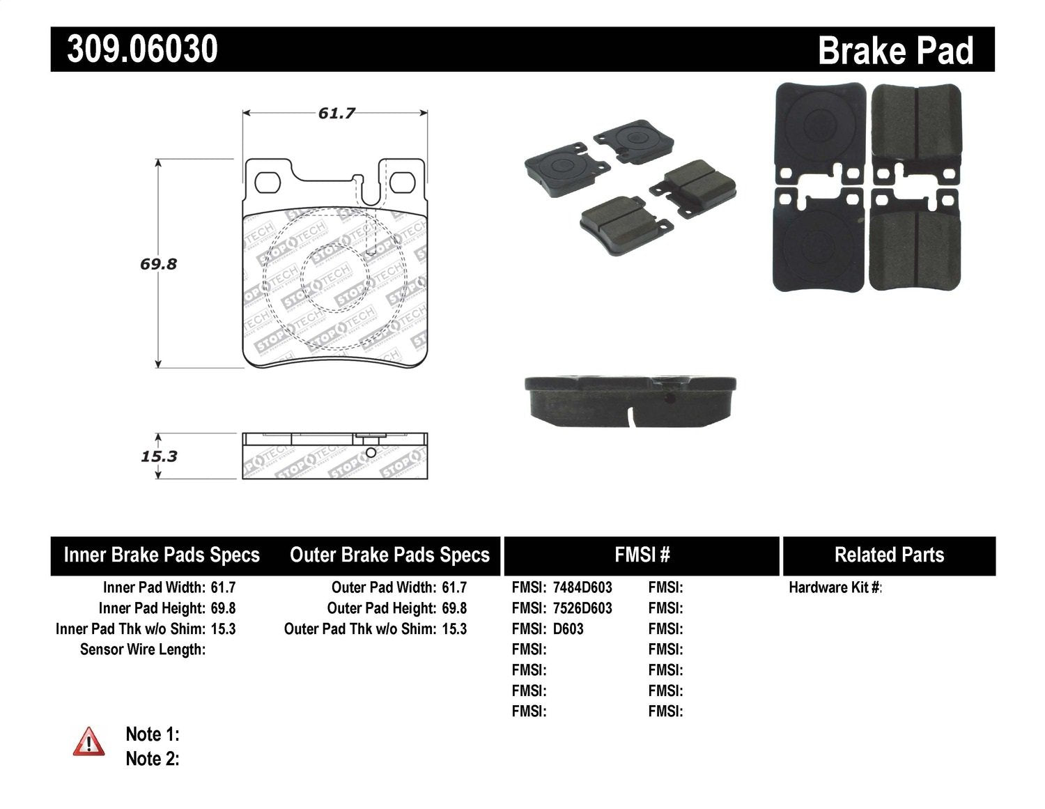Sport Brake Pads StopTech 309.06030 with Shims