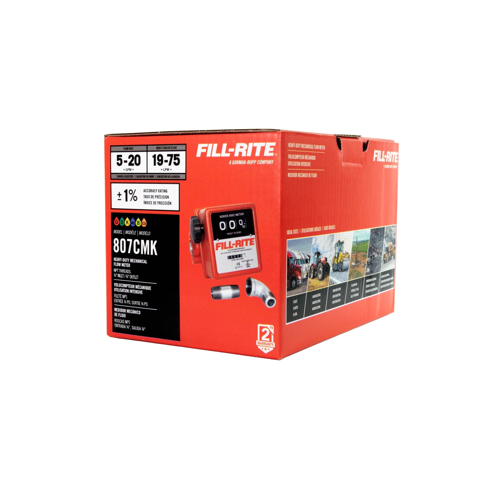 3 Wheel Fill-Rite 807CMK 3/4" 5 to 20 GPM Fuel Transfer Meter w/Mounting Kit For 1200, 2400, 600, & 700 Series Pumps