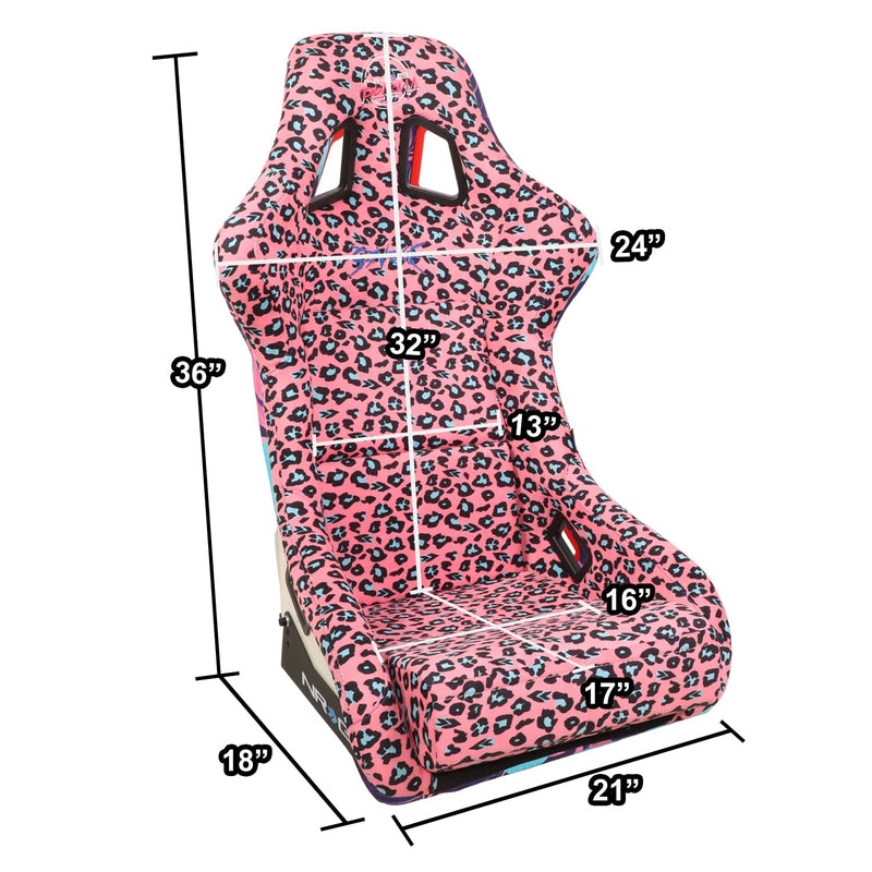 NRG Innovations Prisma FRP-302-PK-SAVAGE Fixed Back Bucket Racing Seat with Bottom Mount Bracket, Pink Savage Cheetah/White Pearl Back