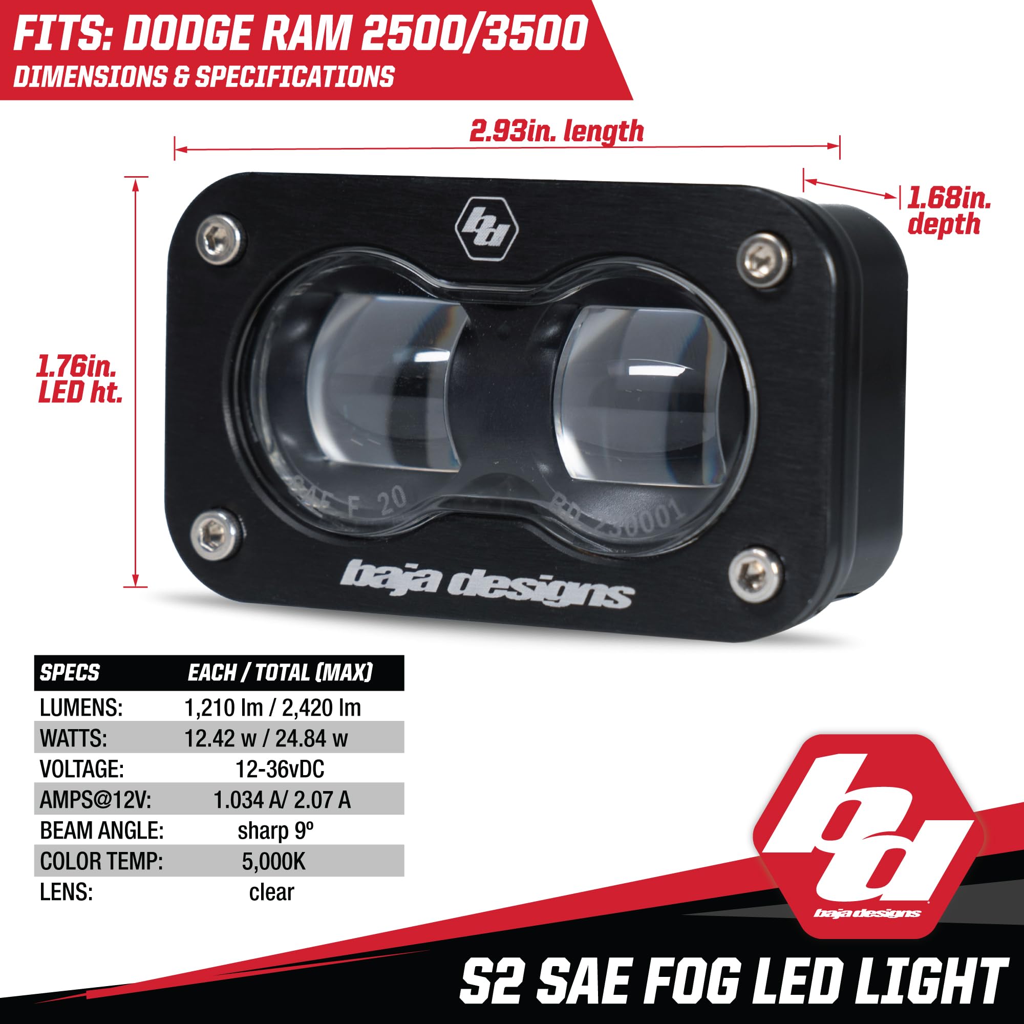 Baja Designs S2 LED Fog Pocket Light Kit for Dodge Ram 2500/3500 Dodge 2019+