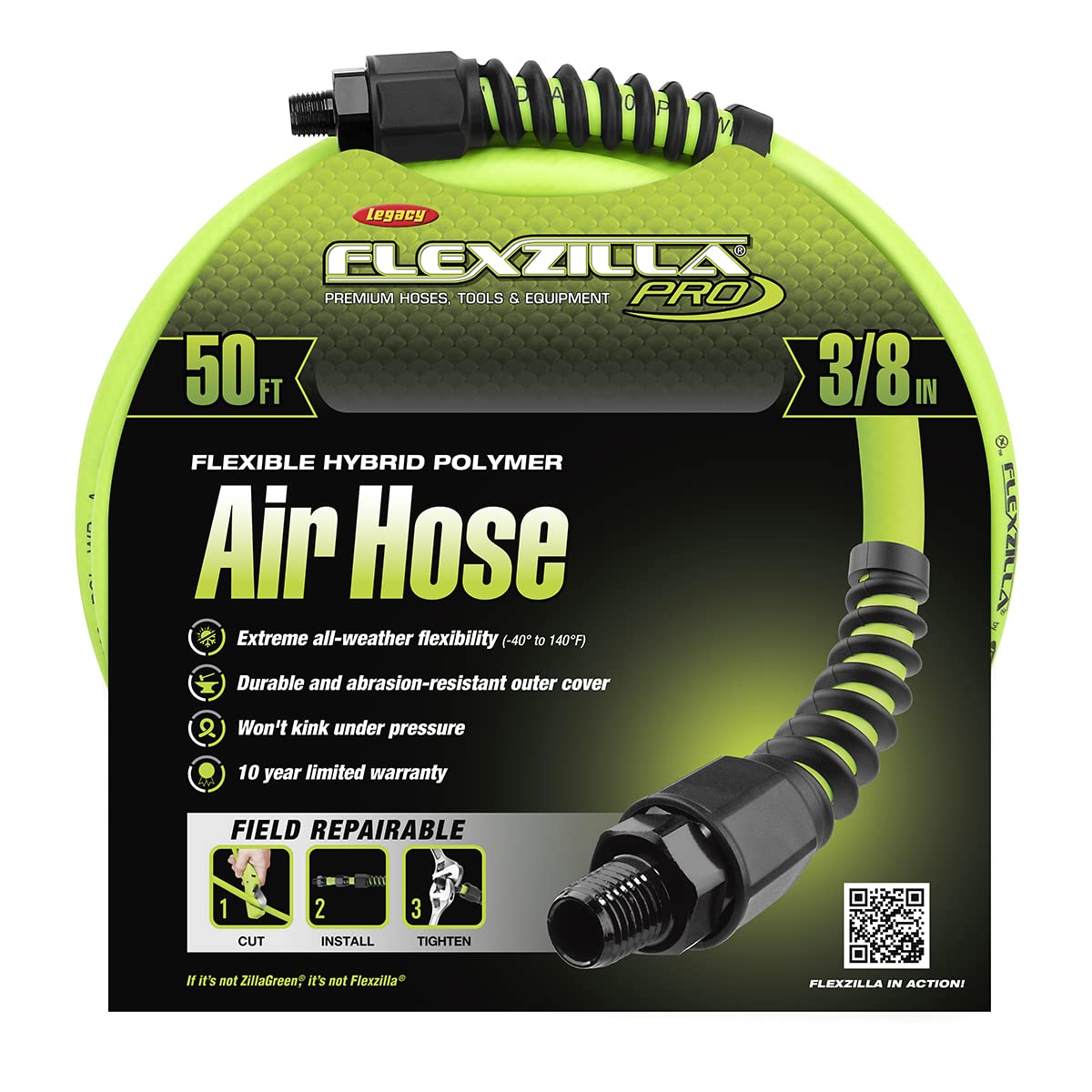 Flexzilla Pro Air Hose, 50 ft. x 3/8 in., Heavy Duty, Lightweight, Hybrid, ZillaGreen - HFZP3850YW2