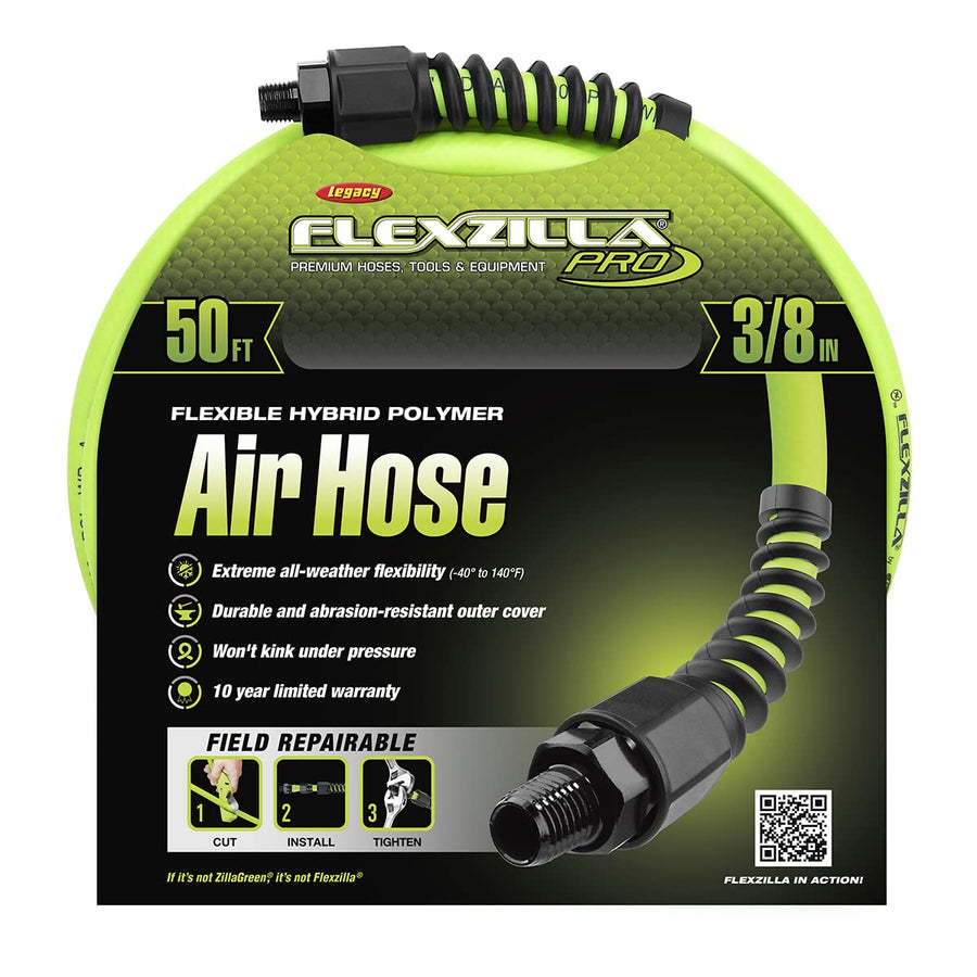 Flexzilla Pro Air Hose, 50 ft. x 3/8 in., Heavy Duty, Lightweight, Hybrid, ZillaGreen - HFZP3850YW2