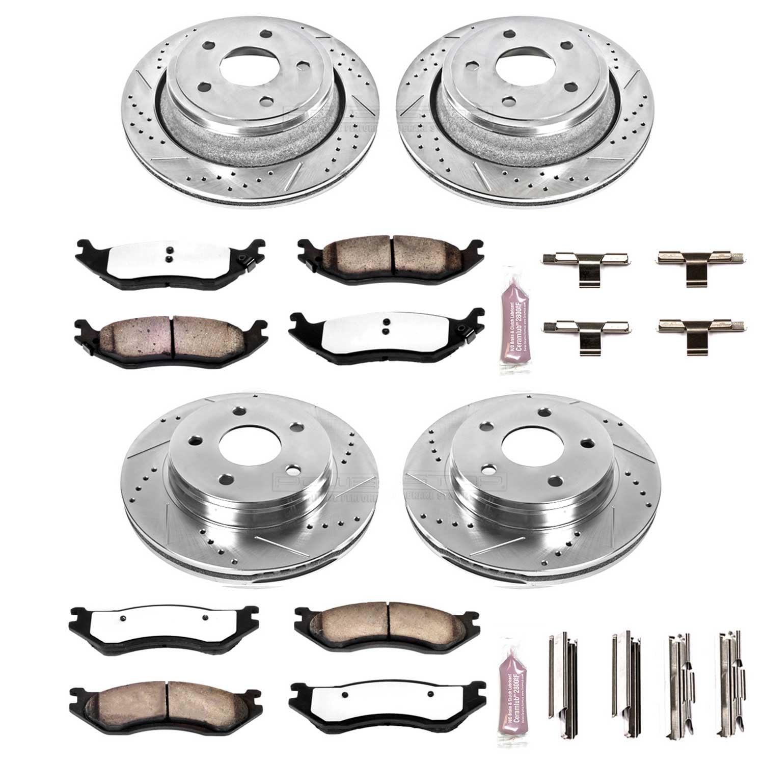 Power Stop Brake Kit Front and Rear For 2003 2004 2005 Dodge Ram 1500 - Truck & Tow Carbon Fiber Ceramic Pads & Drilled and Slotted Rotors Replacement, K2168-36