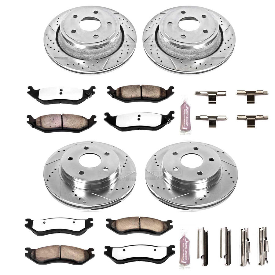 Power Stop Brake Kit Front and Rear For 2003 2004 2005 Dodge Ram 1500 - Truck & Tow Carbon Fiber Ceramic Pads & Drilled and Slotted Rotors Replacement, K2168-36