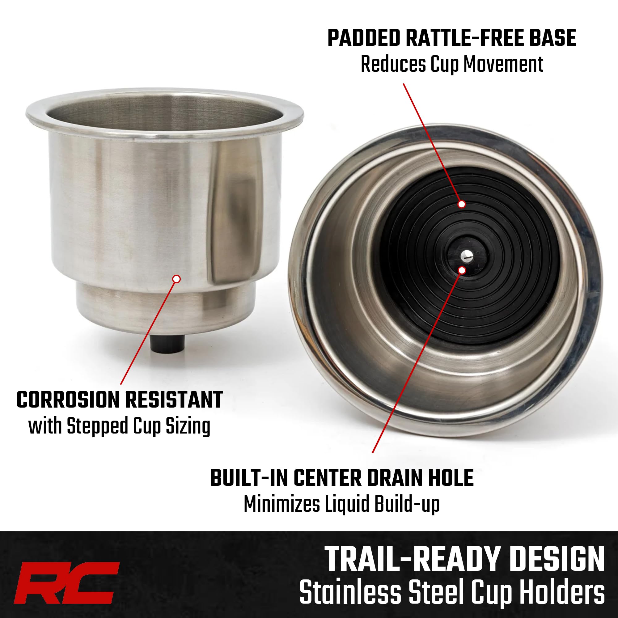 Rough Country Dual Cup Holder Passenger Grip Handle for Polaris RZR 4 900 / RZR S 1000 - Stainless Steel, Trail-Ready Drink Mount