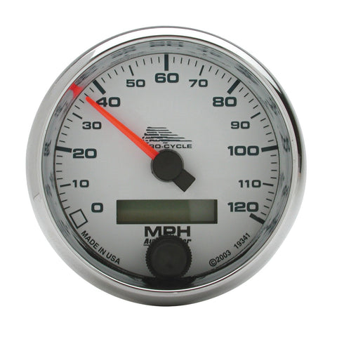 Speedo AutoMeter Gauge, 2 5/8", 120 Mph, Elec, White, Pro-Cycle (19341)