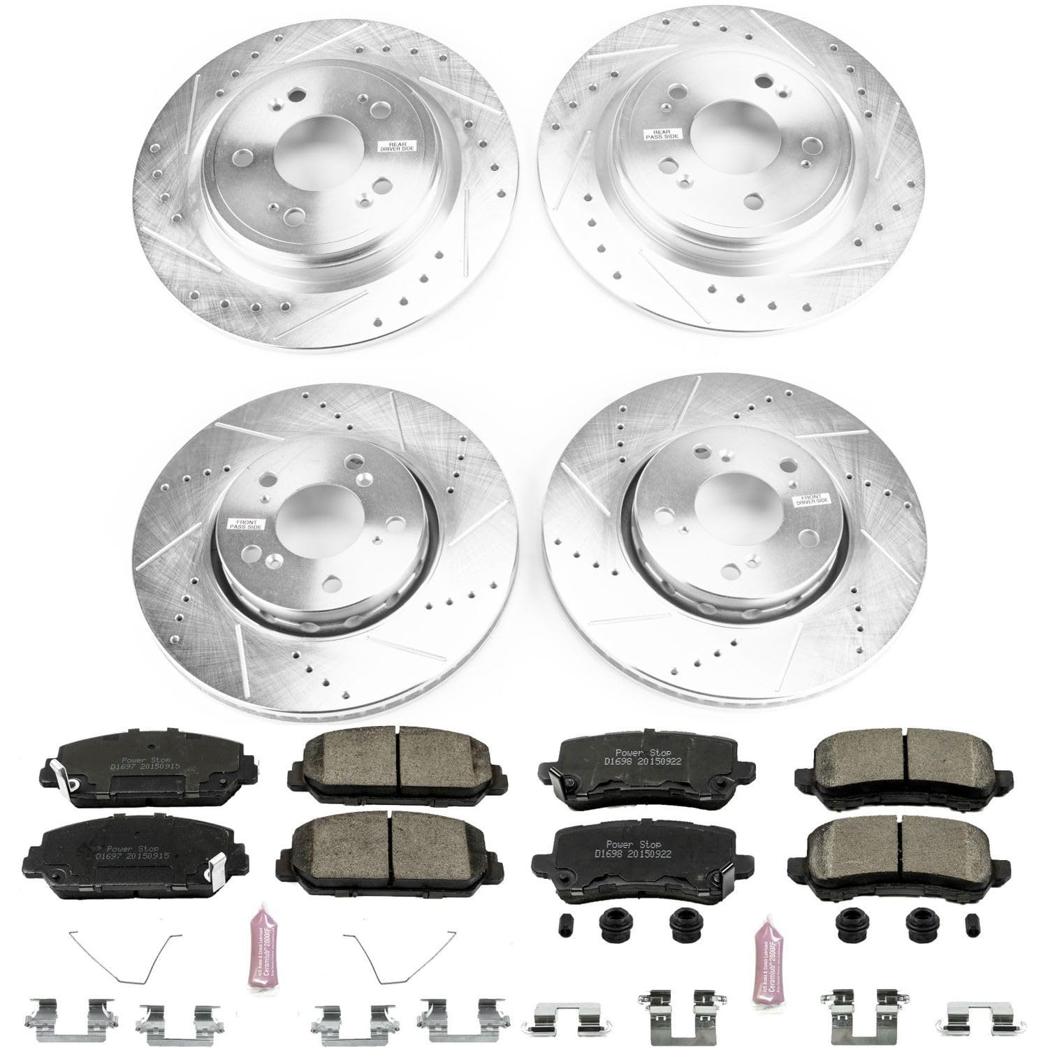 Power Stop K6954 Z23 Carbon Fiber Brake Pads Front and Rear with Drilled & Slotted Brake Rotors Kit For Acura RLX 2014-2020 [Model Specific]