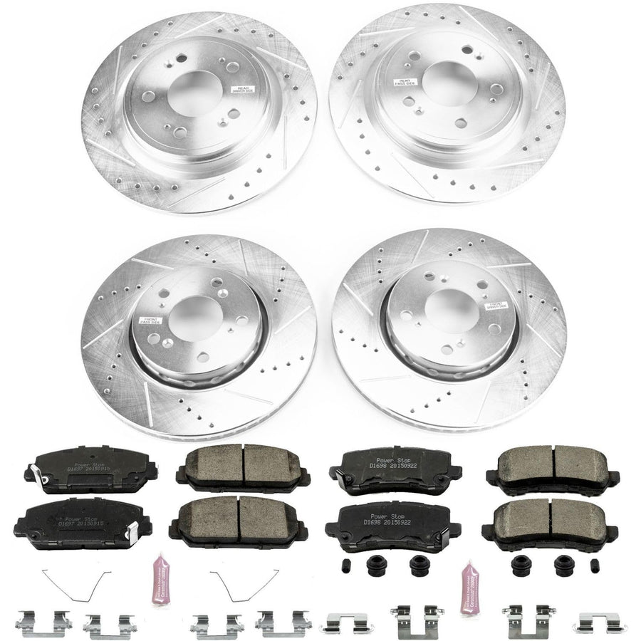 Power Stop K6954 Z23 Carbon Fiber Brake Pads Front and Rear with Drilled & Slotted Brake Rotors Kit For Acura RLX 2014-2020 [Model Specific]