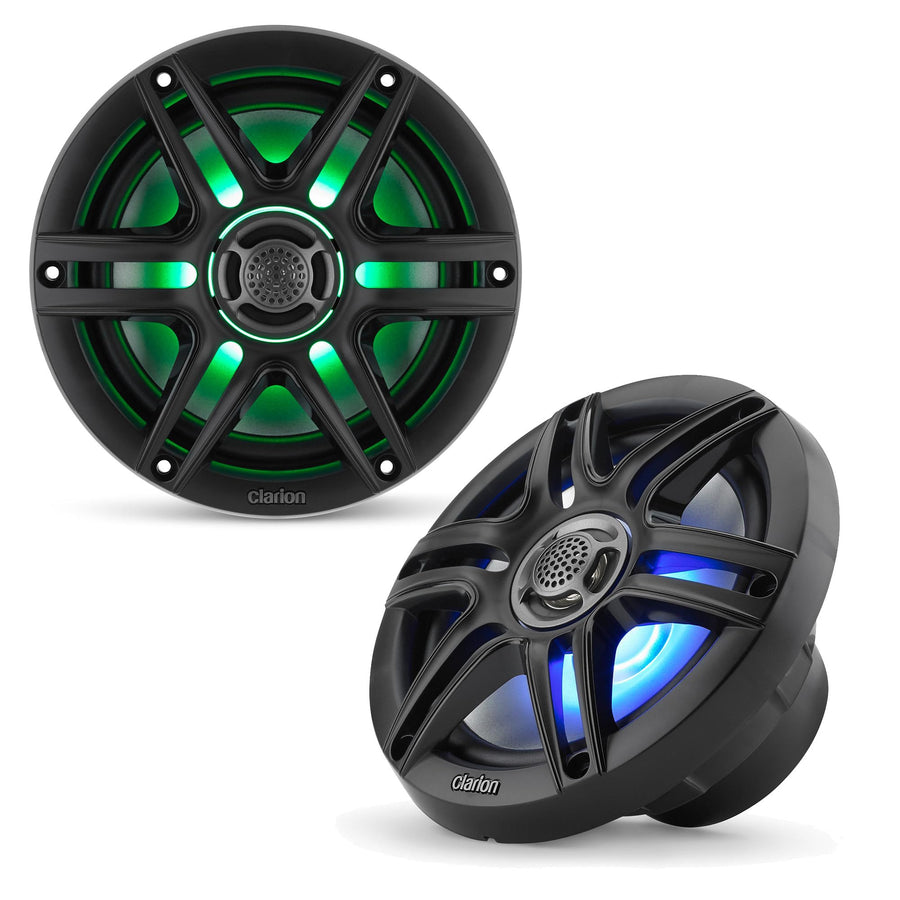 CMS-651RGB-SWB Clarion 6.5-inch Coaxial Marine Speakers with Built-in RGB Illumination 30W RMS Power handling 1/2-inch (13 mm) Polymer Dome Tweeter Includes White & Black Sport Grilles