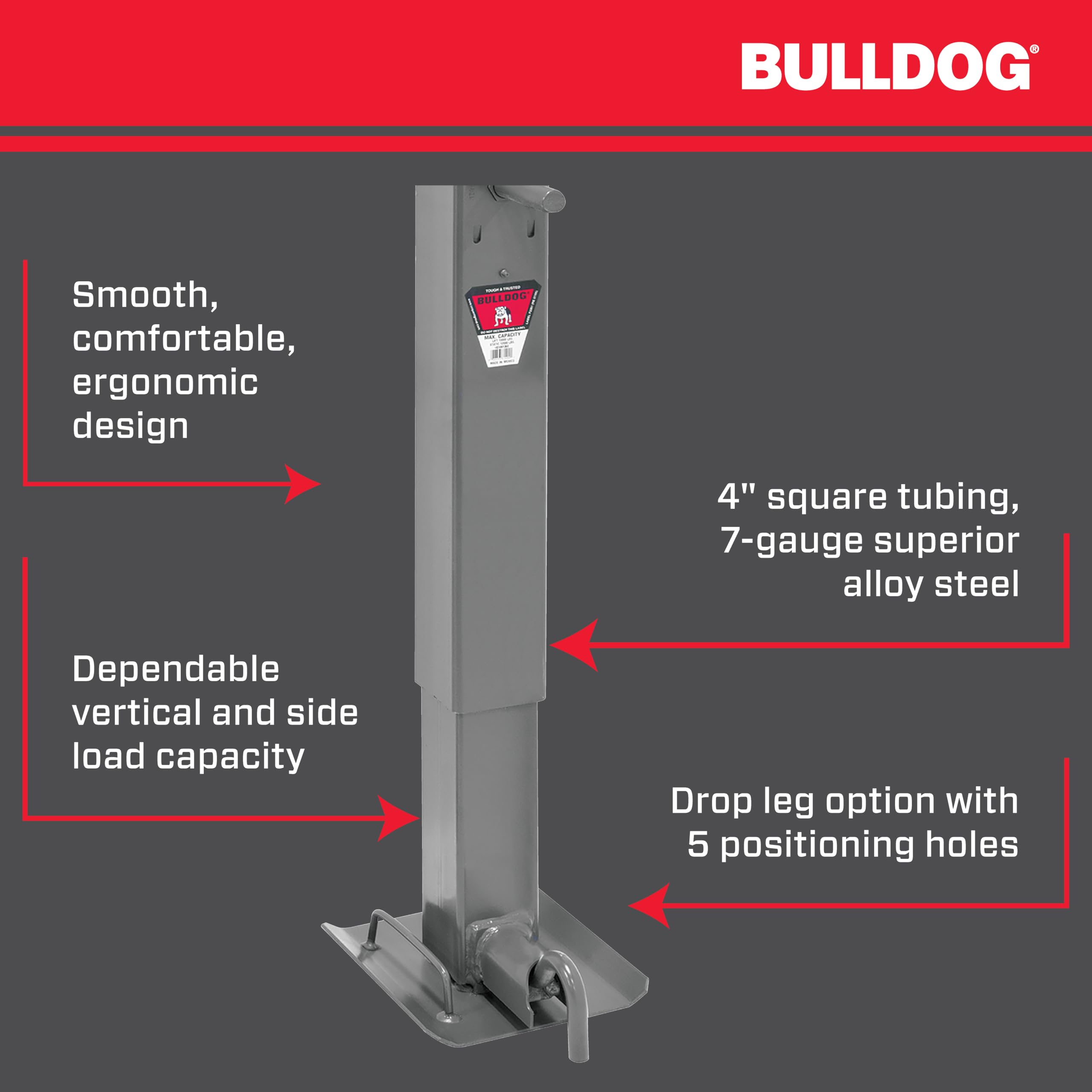 Bulldog HD 182400 Square Trailer Jack, 12,000 lbs. Support Capacity, Sidewind, 12-1/2 Inch Travel, Non-Spring Return, Drop Leg Pull Pin to The Side, No Handle