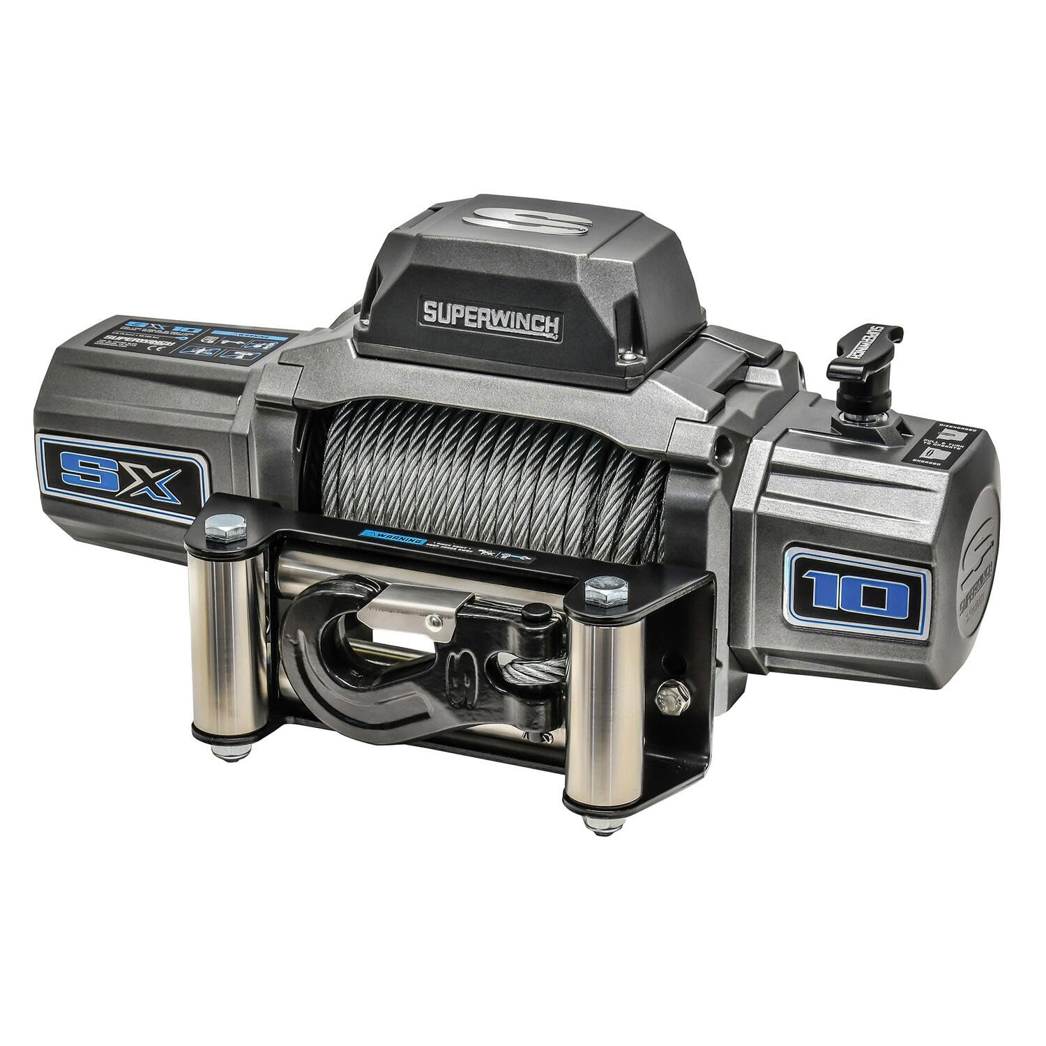 12V DC Superwinch SX10 Waterproof Electric Recovery Winch 10,000lb/4,536kg Single Line Pull with Roller Fairlead 3/8in x 80ft Steel Wire Rope Corded Handheld Remote No-Bind Clutch