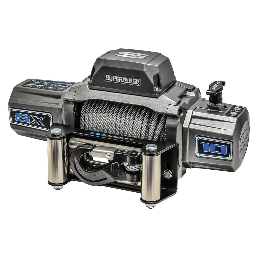 12V DC Superwinch SX10 Waterproof Electric Recovery Winch 10,000lb/4,536kg Single Line Pull with Roller Fairlead 3/8in x 80ft Steel Wire Rope Corded Handheld Remote No-Bind Clutch