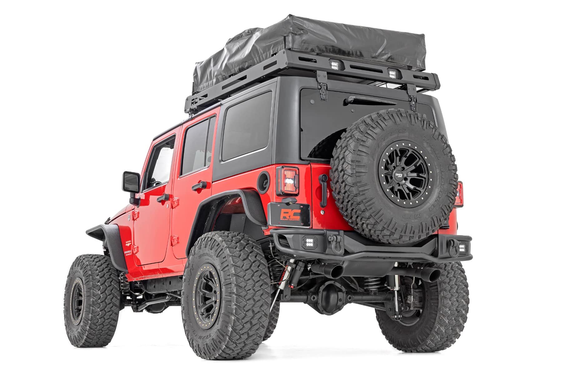 Rough Country Rear Tubular Bumper with LED Lights for Jeep Wrangler JK & Unlimited (2007-2018) - Includes Dual 2" Flush Mount LED Cubes, D-Rings