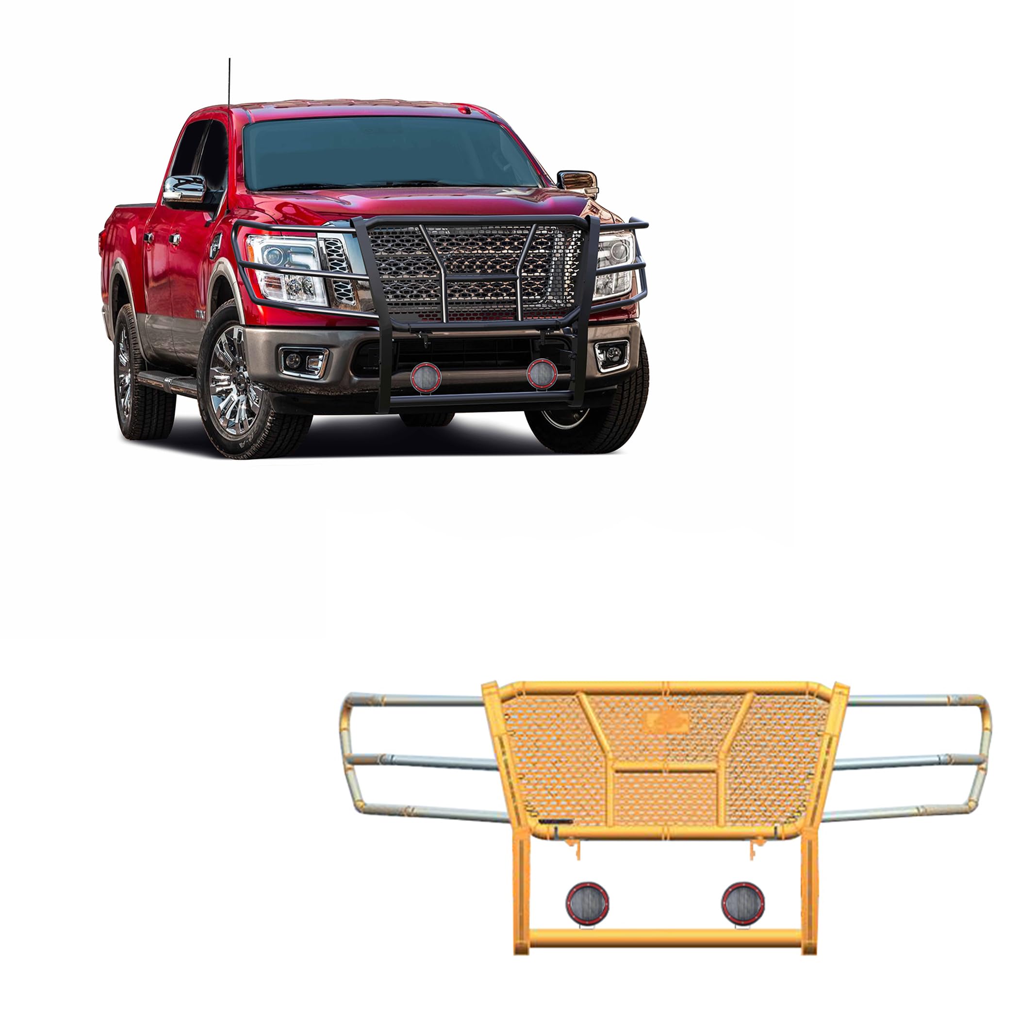 Heavy Duty Black Horse Rugged Grille Brush Bumper Guard Modular Black Come with Pair of 5.3" Dia.LED Lights with Red Trim Rings Compatible with 2017-2024 Nissan Titan-RU-NITI17-B-PLFR