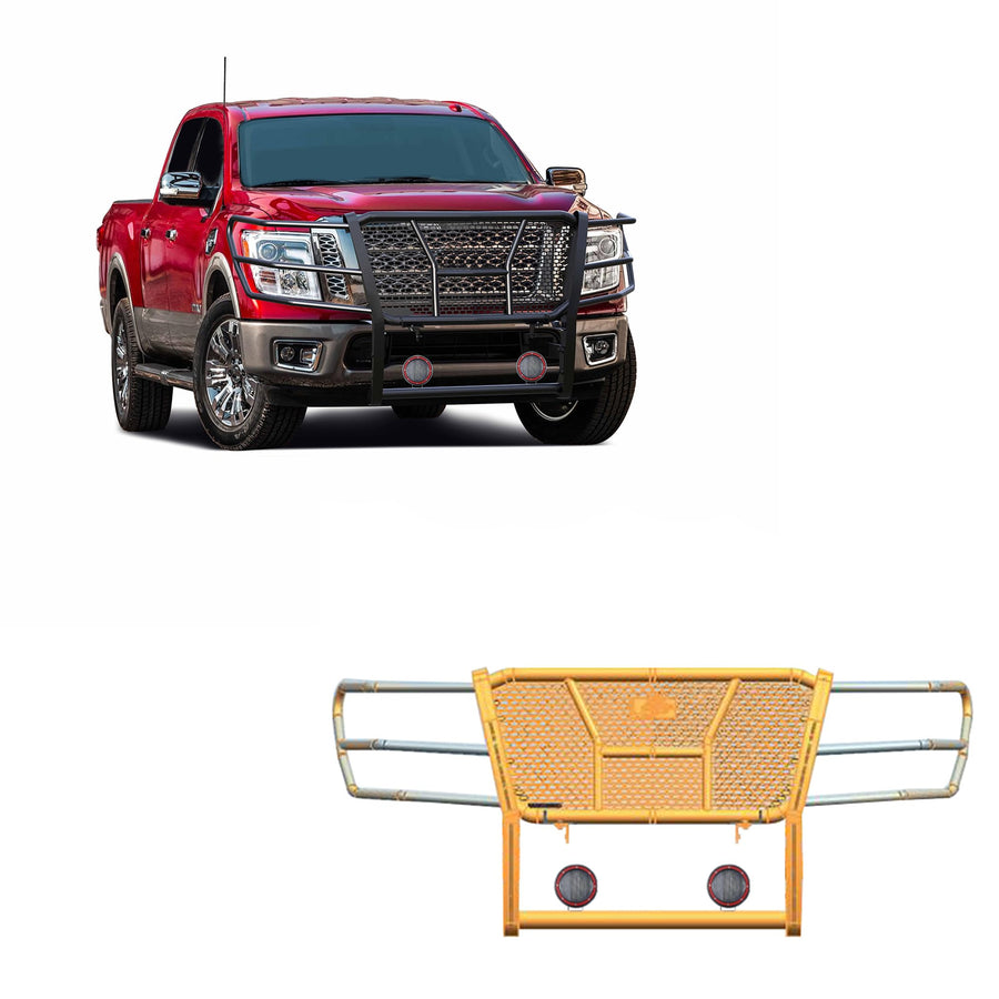 Heavy Duty Black Horse Rugged Grille Brush Bumper Guard Modular Black Come with Pair of 5.3" Dia.LED Lights with Red Trim Rings Compatible with 2017-2024 Nissan Titan-RU-NITI17-B-PLFR