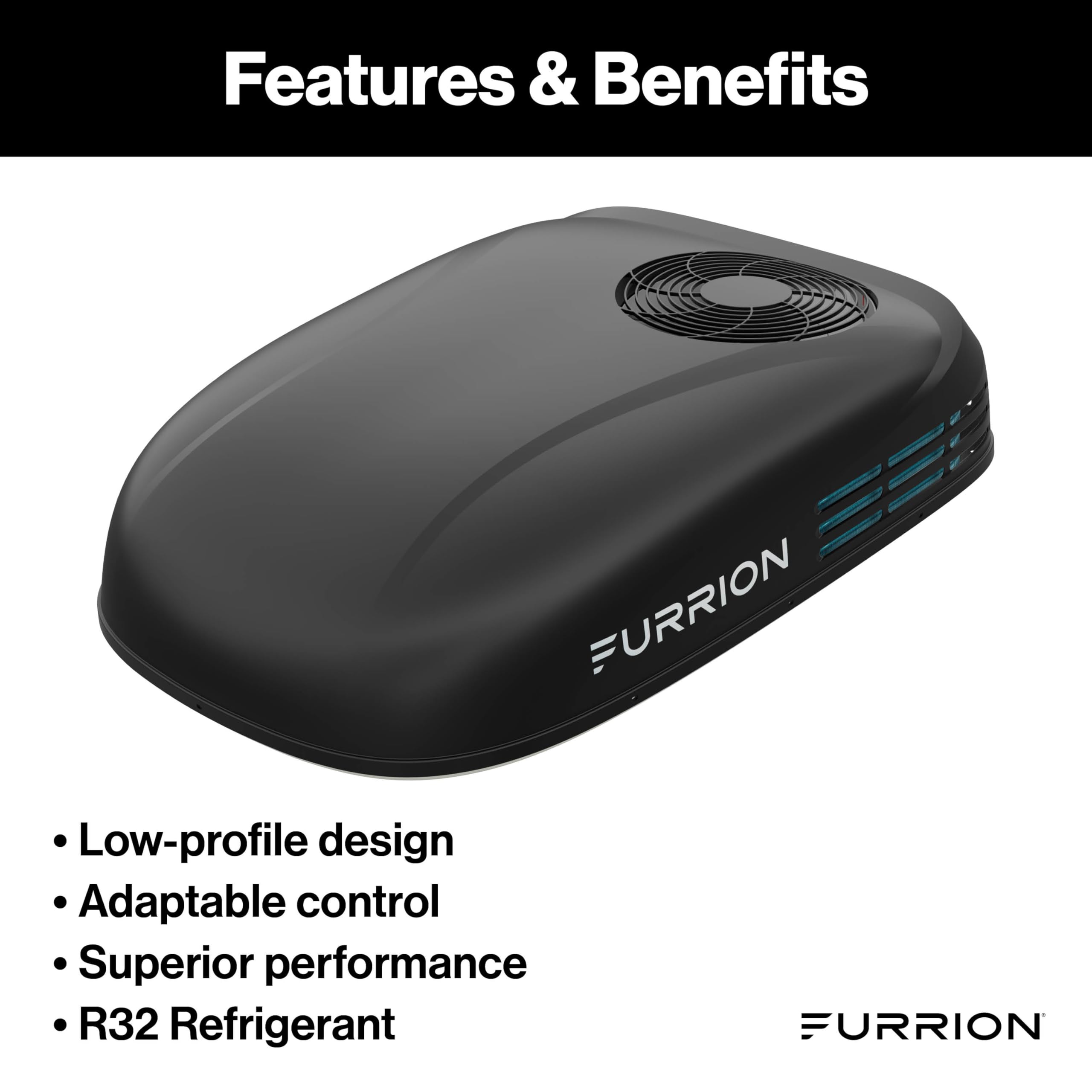 Furrion Chill 13.5K Black Low-Profile RV Rooftop Air Conditioner with Heat Pump, R32 Refrigerant, Dual Fan Motors, Vibrationsmart, Climatesmart, Adaptable Control - FACR13LPSA2-BL-AM KIT