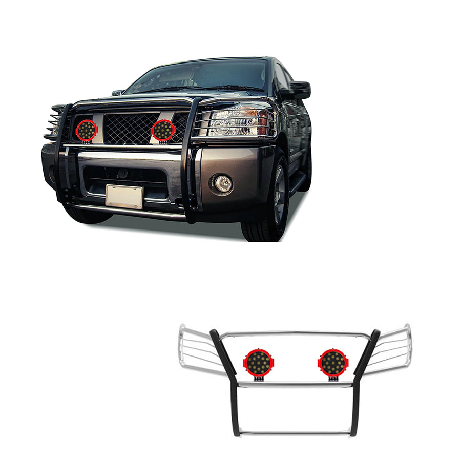 Bumper Guard Black Horse Grille Brush Modular Stainless Steel Come with Pair of 7.0" LED Lights with Red Trim Rings Compatible with 2005-2015 Armada|2004-2015 Titan Crew Cab & King Cab-17NR26MSS-PLR