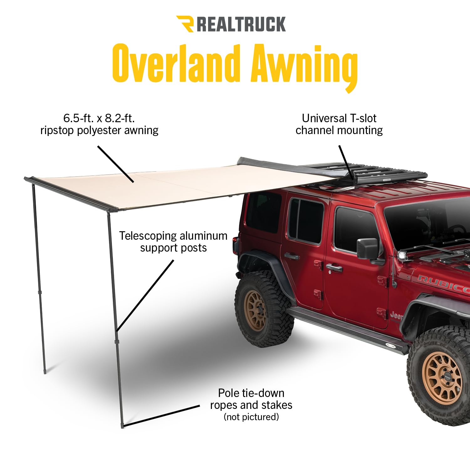 Overland Awning RealTruck | 6.5' Wide x 8.2' Deep, Telescoping Aluminum Support Posts, Mounts to Universal T-Slot Channel, Quick & Easy Setup | OL-103