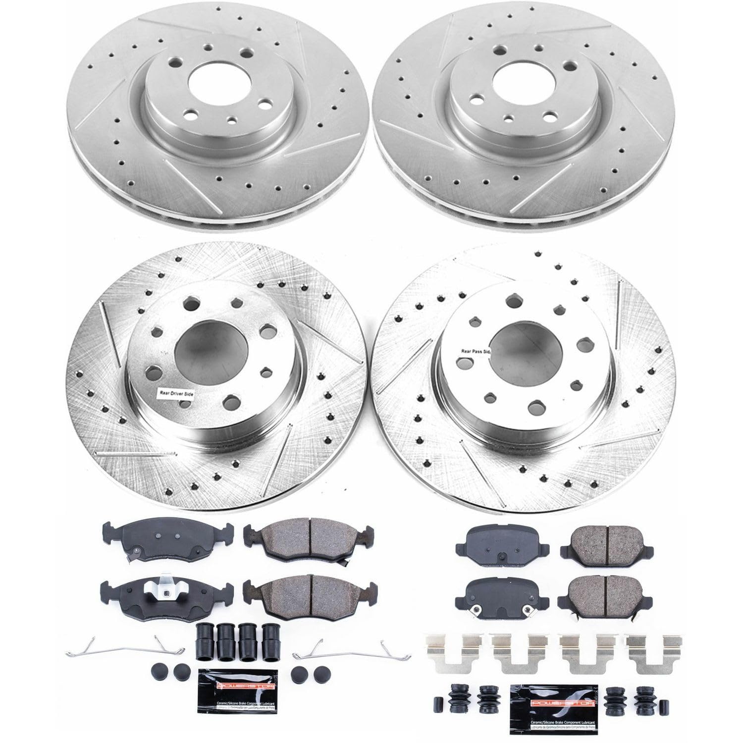 Power Stop K7245 Z23 Carbon Fiber Brake Pads Front and Rear with Drilled & Slotted Brake Rotors Kit For Fiat 500 2013-2019 [Model Specific]