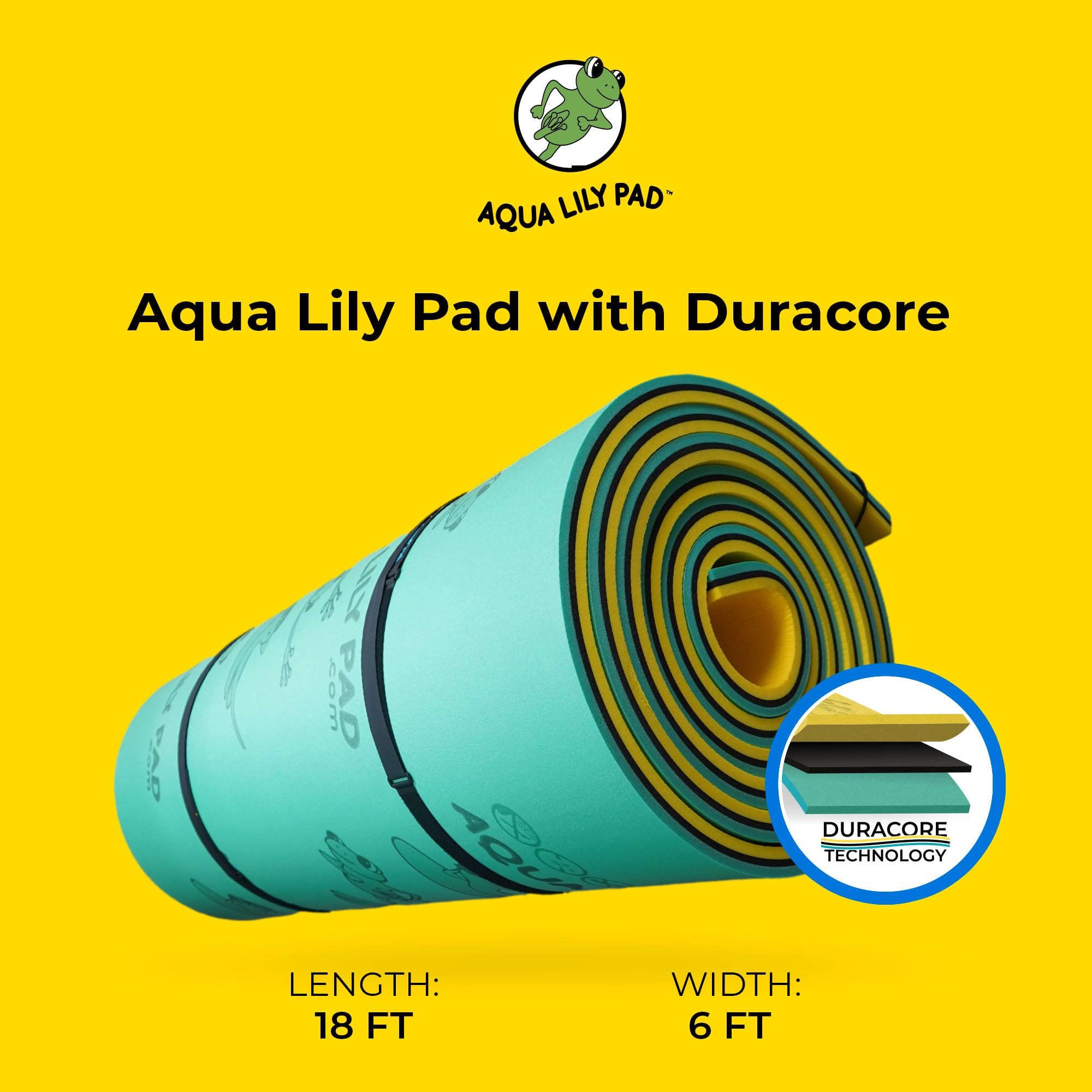 Aqua Lily Pad Floating Mat with Foam Duracore, Lake Float, 6’ x 18’, Yellow/Green