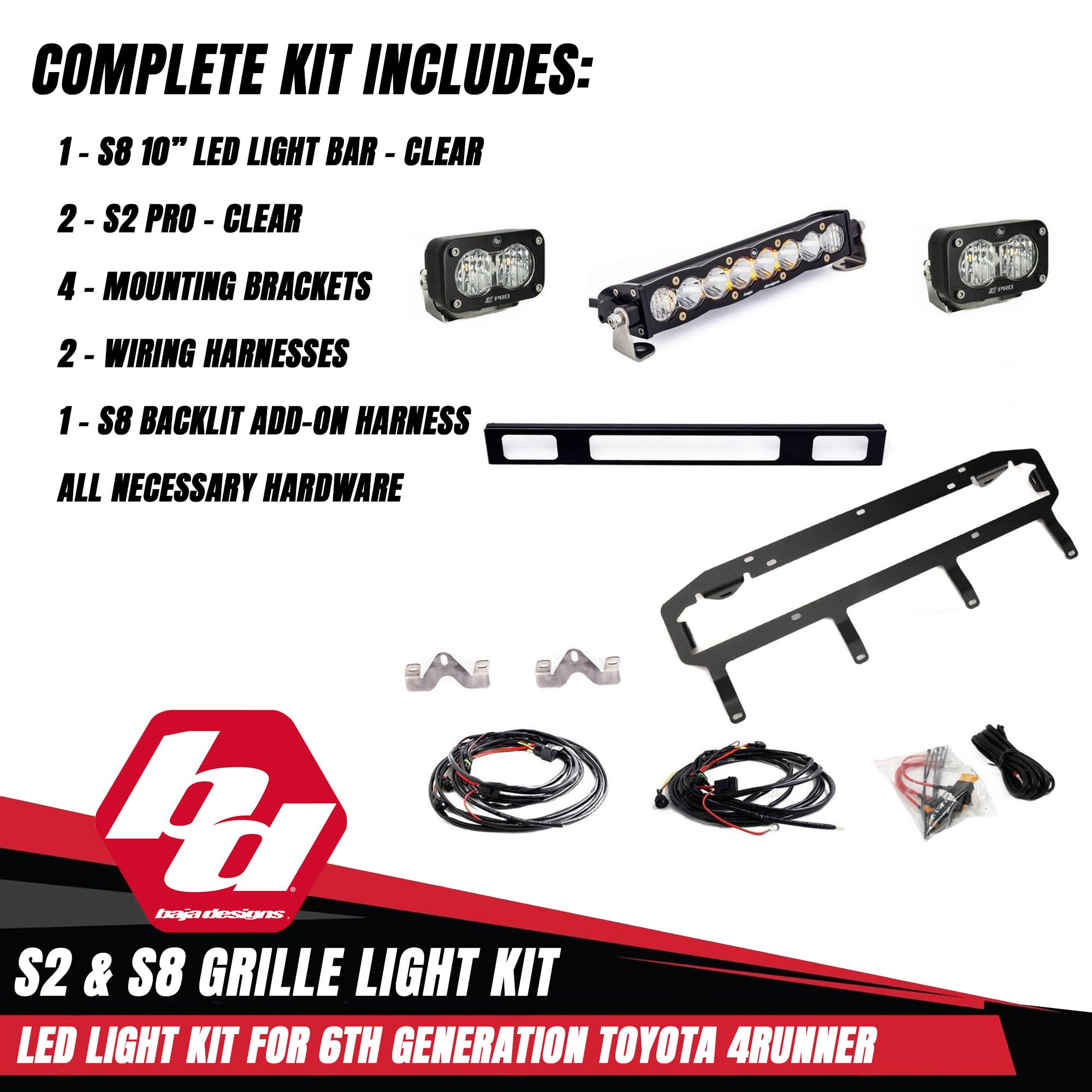 Baja Designs LED Light Kit Grille for 2025+ Toyota 4Runner TRD Pro/Trailhunter - S8 10-Inch LED Light Bar & S2 Pro Pods (3 PCS) - Street Legal, OEM Switch Compatible (Multi Pattern; Clear)