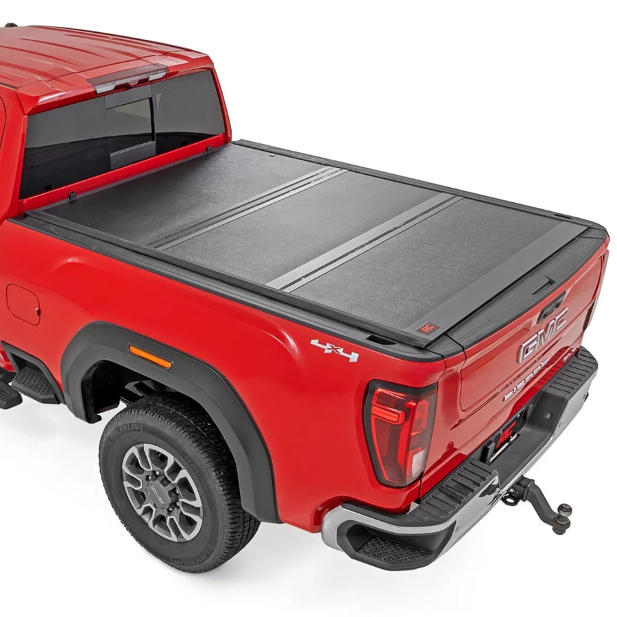 Low-Profile Rough Country Hard Tri-Fold Tonneau Cover for Chevy Silverado & GMC Sierra 2500HD & 3500HD (2020–2025) - Aluminum Truck Bed Cover, Fits 6'9" Bed w/Rail Caps