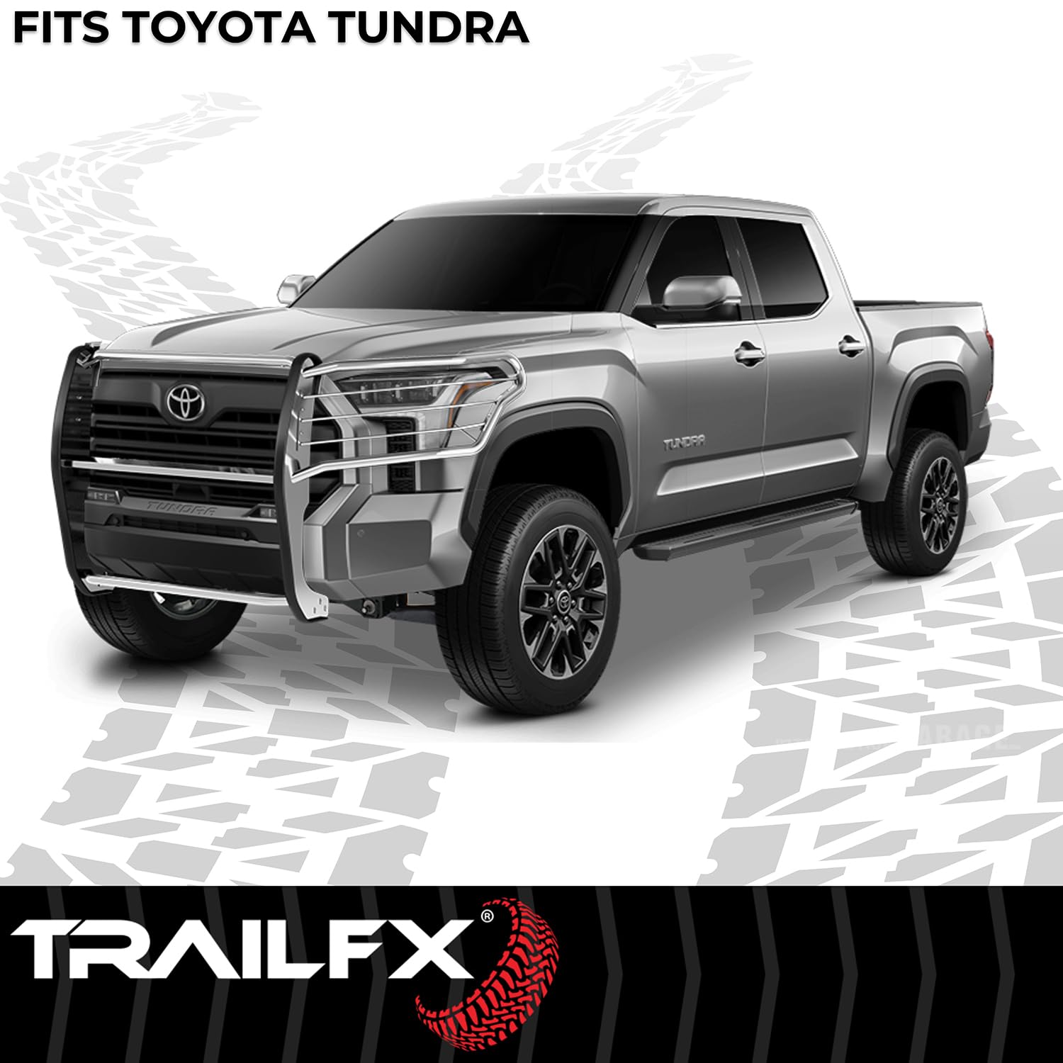 Grille Guard TrailFX E0049S, 1-Piece, Silver Polished, Stainless Steel, 1-1/2 Inch Dia, with Brush Guard, Fits 2022-2025 Toyota Tundra (Models with Parking Brake Support System Must Turn Off System)
