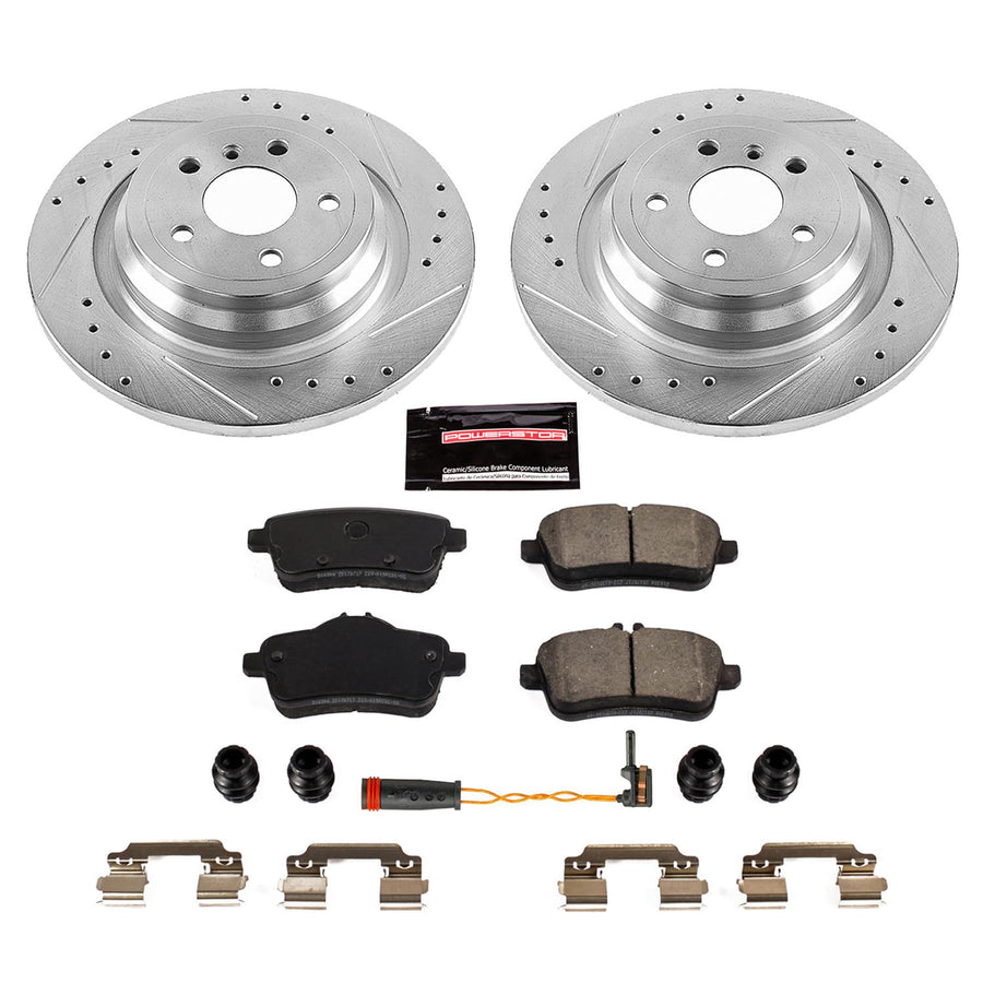 Power Stop K7440 Rear Brake Pads Z23 Carbon Fiber with Drilled & Slotted Brake Rotors Kit and 1 Rear Sensor Wire For Mercedes GLE300d, Mercedes GLE350, Mercedes ML, Mercedes ML350 [Model Specific]