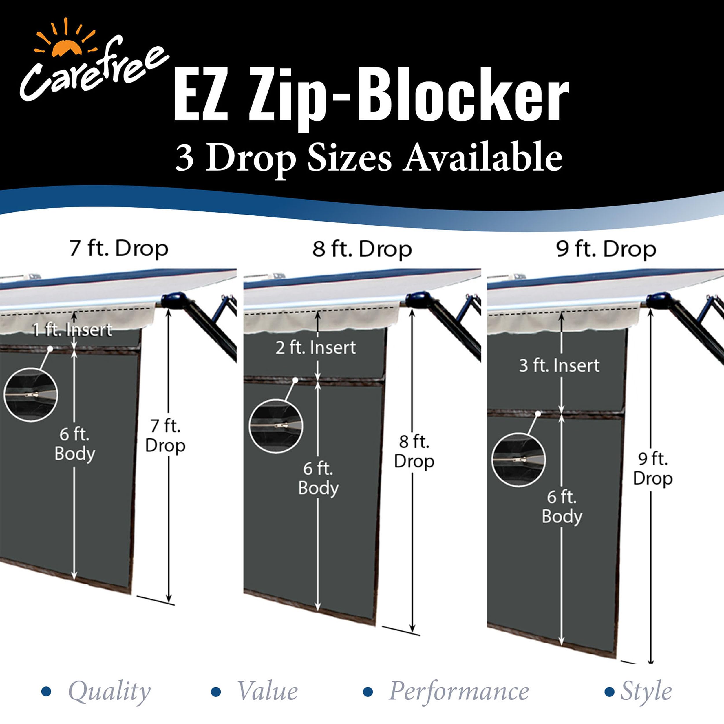 10' x 8' Drop RV Awning CAREFREE EZ ZipBlocker Black 701008ACD