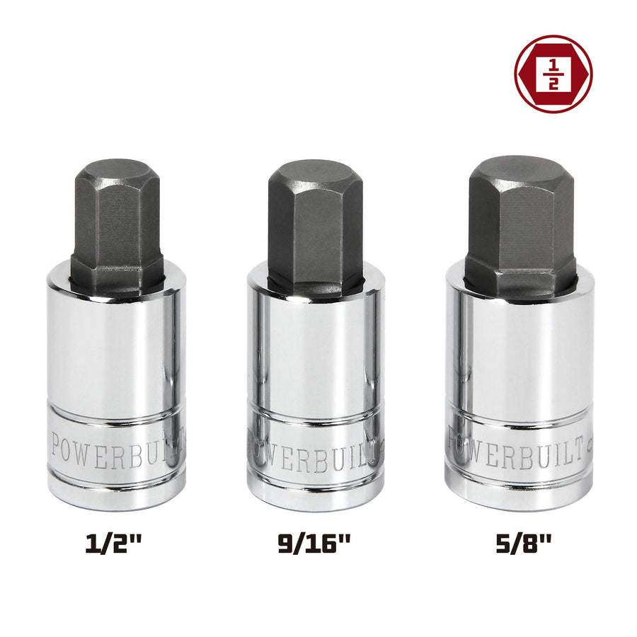 3 Piece Powerbuilt 1/2-Inch Drive SAE Hex Bit Socket Set – 1/2", 9/16", 5/8" – S2 Steel Bits & Chrome Vanadium Sockets with Storage Rail – Corrosion Resistant, Precision Machined – 641863