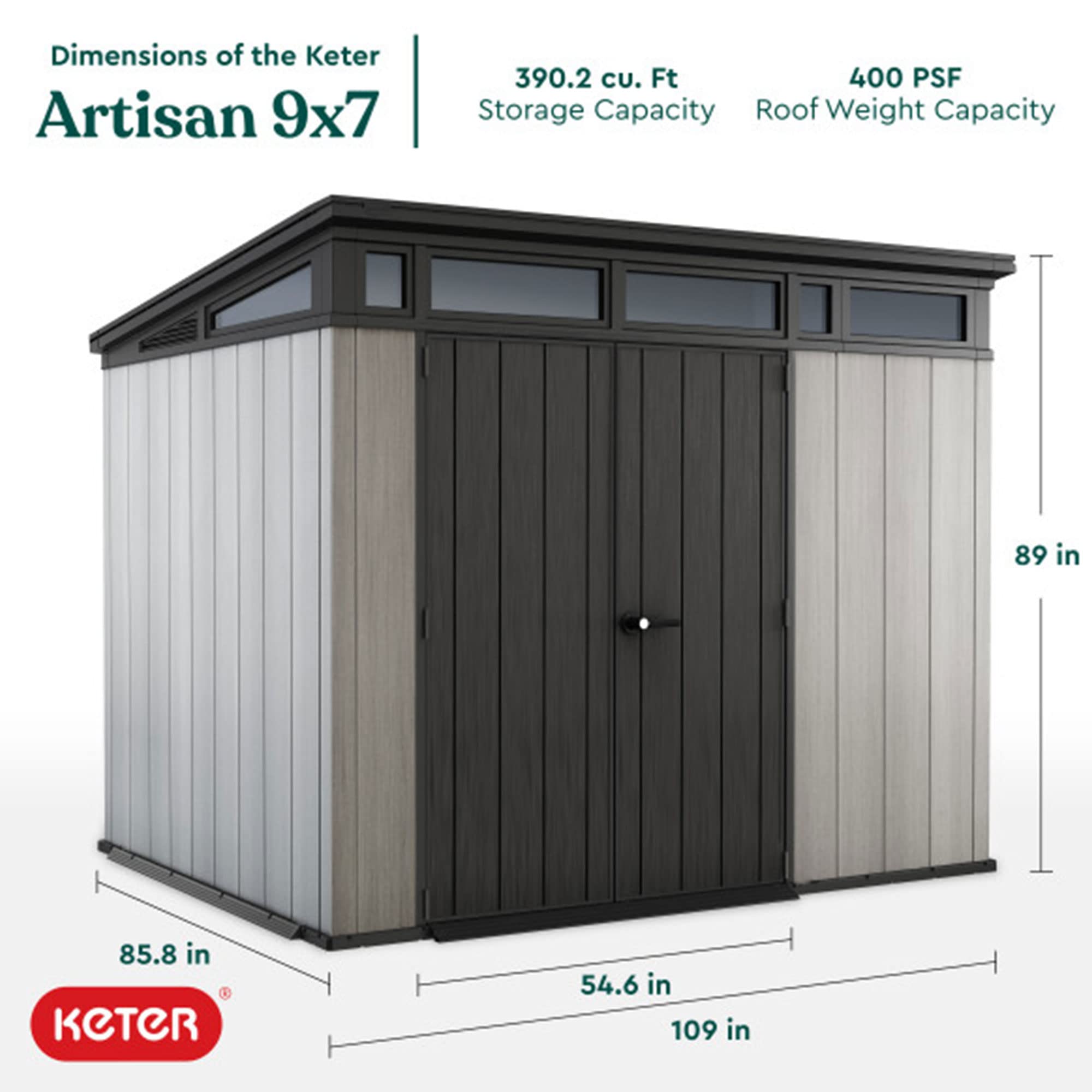 Artisan Keter 9x7 Foot Large Outdoor Shed with Floor with Modern Design for Patio Furniture, Lawn Mower, Tools, and Bike Storage, feet, Grey/Black
