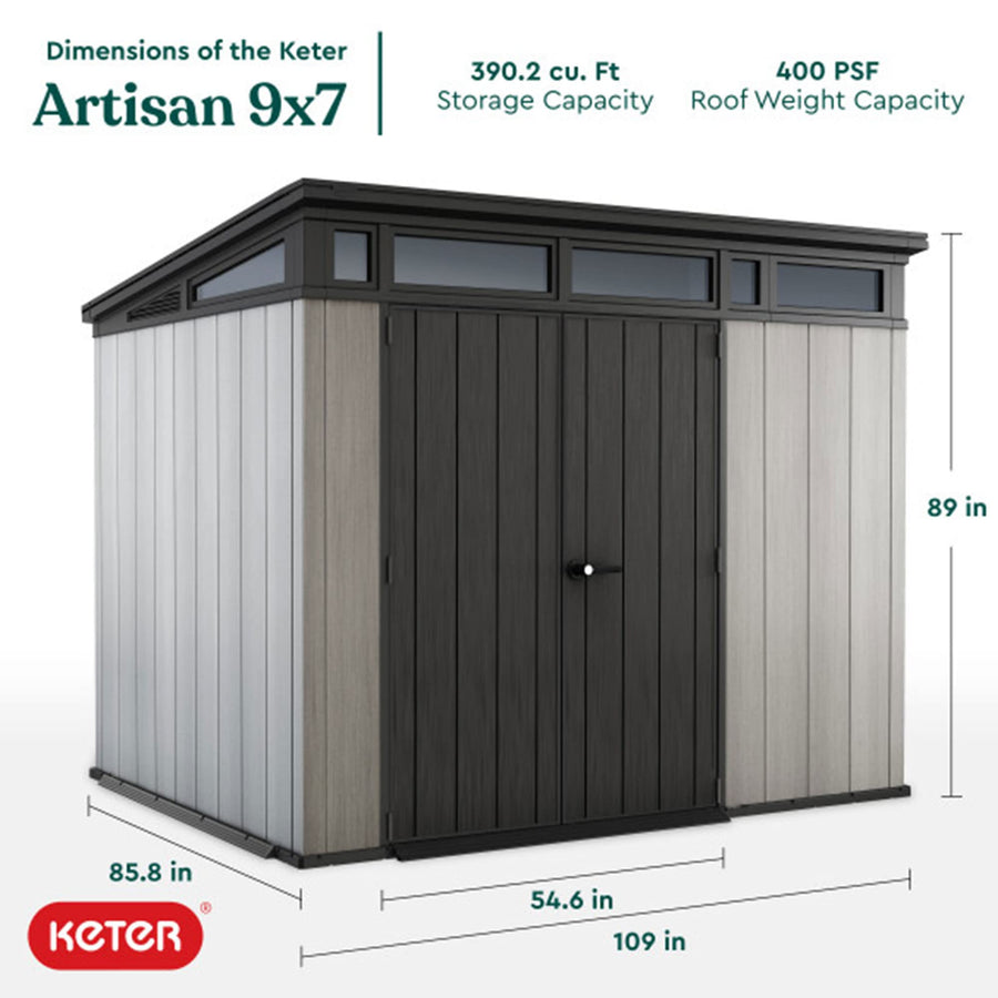 Artisan Keter 9x7 Foot Large Outdoor Shed with Floor with Modern Design for Patio Furniture, Lawn Mower, Tools, and Bike Storage, feet, Grey/Black