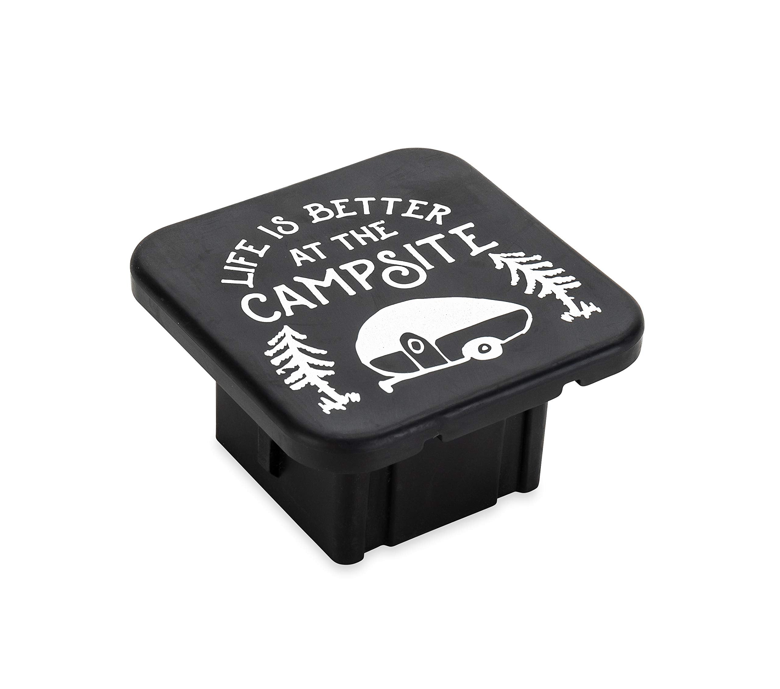 Hitch Receiver Cover Camco Life is Better at The Campsite | Protects Your Trailer Hitch Receiver from Debris, Dirt, Water and Rust | Life is Better at The Campsite Sketch Logo, Black/Silver (53410)
