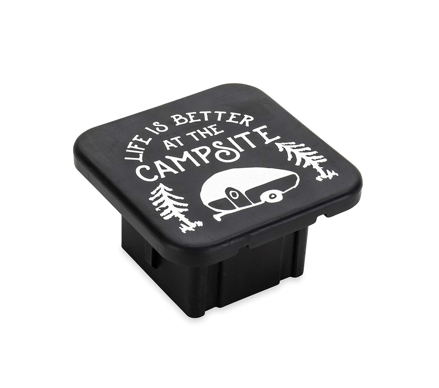 Hitch Receiver Cover Camco Life is Better at The Campsite | Protects Your Trailer Hitch Receiver from Debris, Dirt, Water and Rust | Life is Better at The Campsite Sketch Logo, Black/Silver (53410)