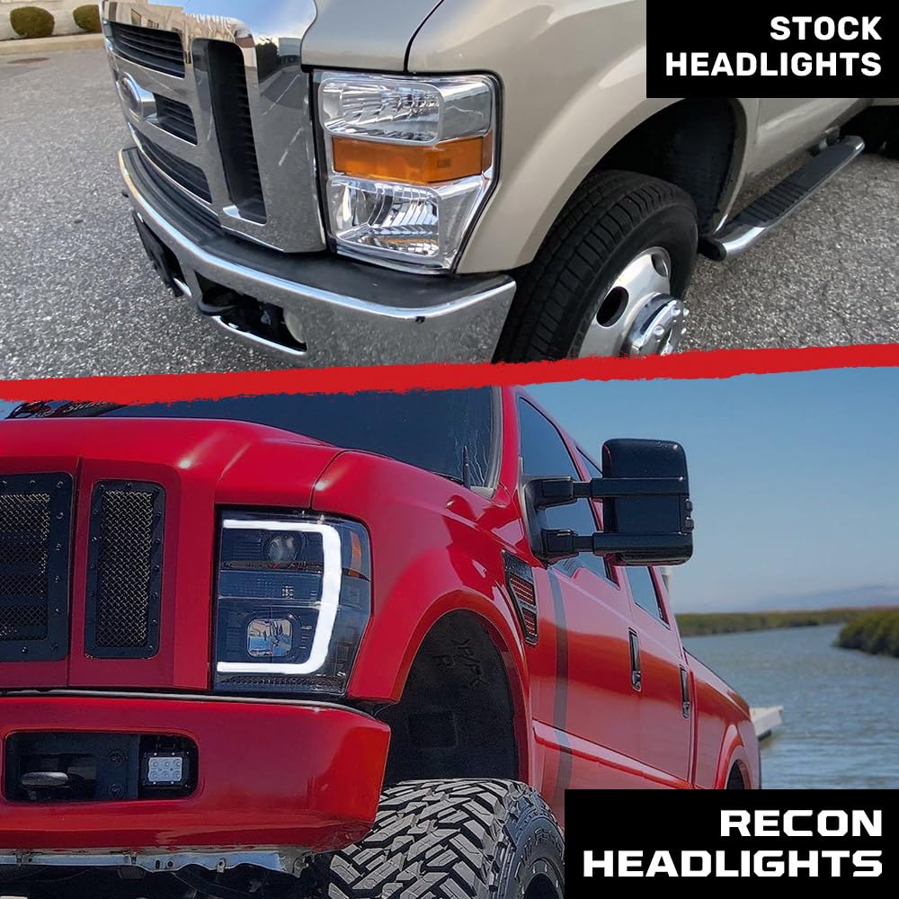 RECON - Premium Projector Headlights Fits 2008-2010 Super Duty (F250 F350 F450 F550) OLED Halos, DRL - Smoked Lens