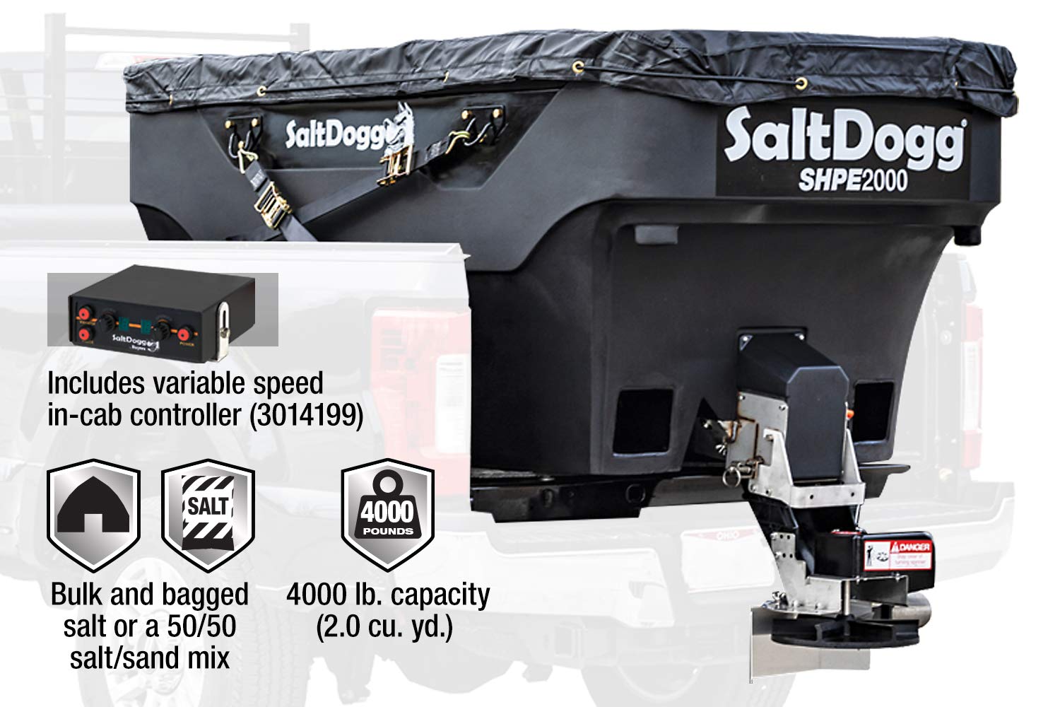 SaltDogg Buyers Products SHPE2000 Commercial Salt & Sand Spreader w/ Electric Drive Hopper, Made In The USA, 2.0 Cu Yds Capacity, Stainless Steel Auger, Medium/Heavy Commercial Salt Spreader