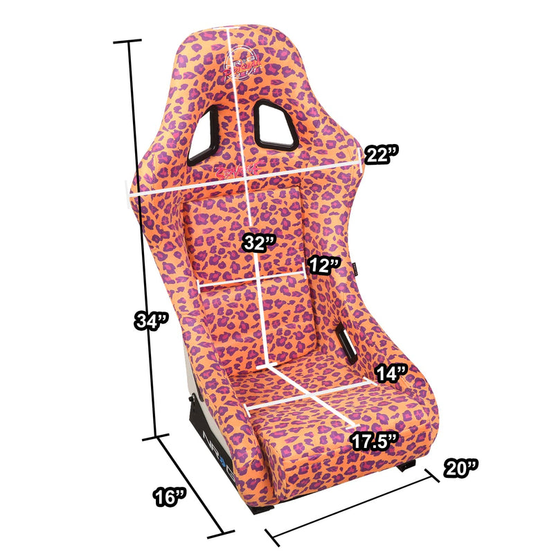 NRG Innovations Prisma Fixed Back Bucket Racing Seat NRG-FRP-303-OR-SAVAGE with Bottom Mount Bracket, Orange Savage Leopard Print Fabric White Pearl Back, 22" W X 34" H X 16" D