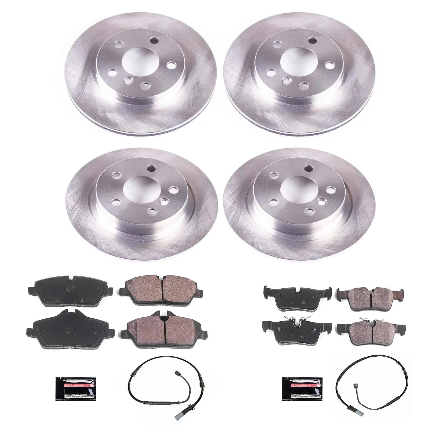 Power Stop Autospecialty KOE8113 Front and Rear Replacement Brake Kit-OE Brake Rotors & Ceramic Brake Pads and 1 Front & 1 Rear Sensor Wires