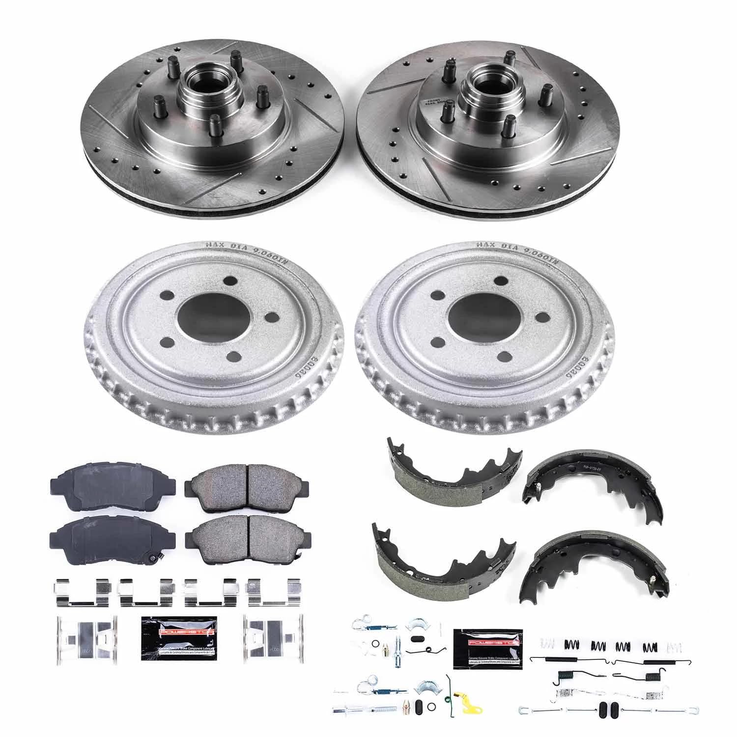 Power Stop K15151DK Z23 Carbon Fiber Brake Pads Front and Rear with Drilled & Slotted Brake Drums Kit For Ford Ranger, Mazda B2300, Mazda B, Mazda B, Mazda B3000, Mazda B4000 [Model Specific]