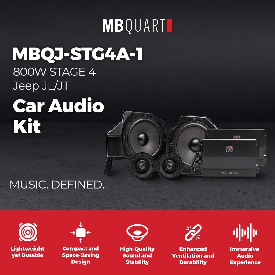 MB Quart 800W MBQJ-STG4A-1 Stage 4 Jeep JL/JT Car Audio Upgrade Kit with Amplifier, 4-Speaker Set, Tweeters, OEM Factory Radio Integration