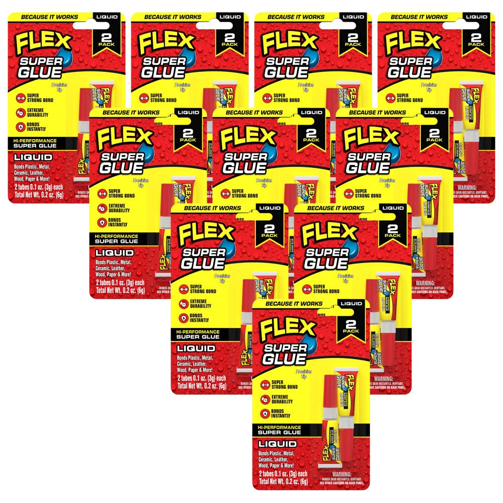 Flex Liquid Super Glue, (2) 3 Gram Tubes, 10-Pack, Clear, Instant Bond, Quick Dry, Cyanoacrylate Adhesive, Precision Tip for Wood, Metal, Plastic, Crafts, Ceramic, and Toy Repairs