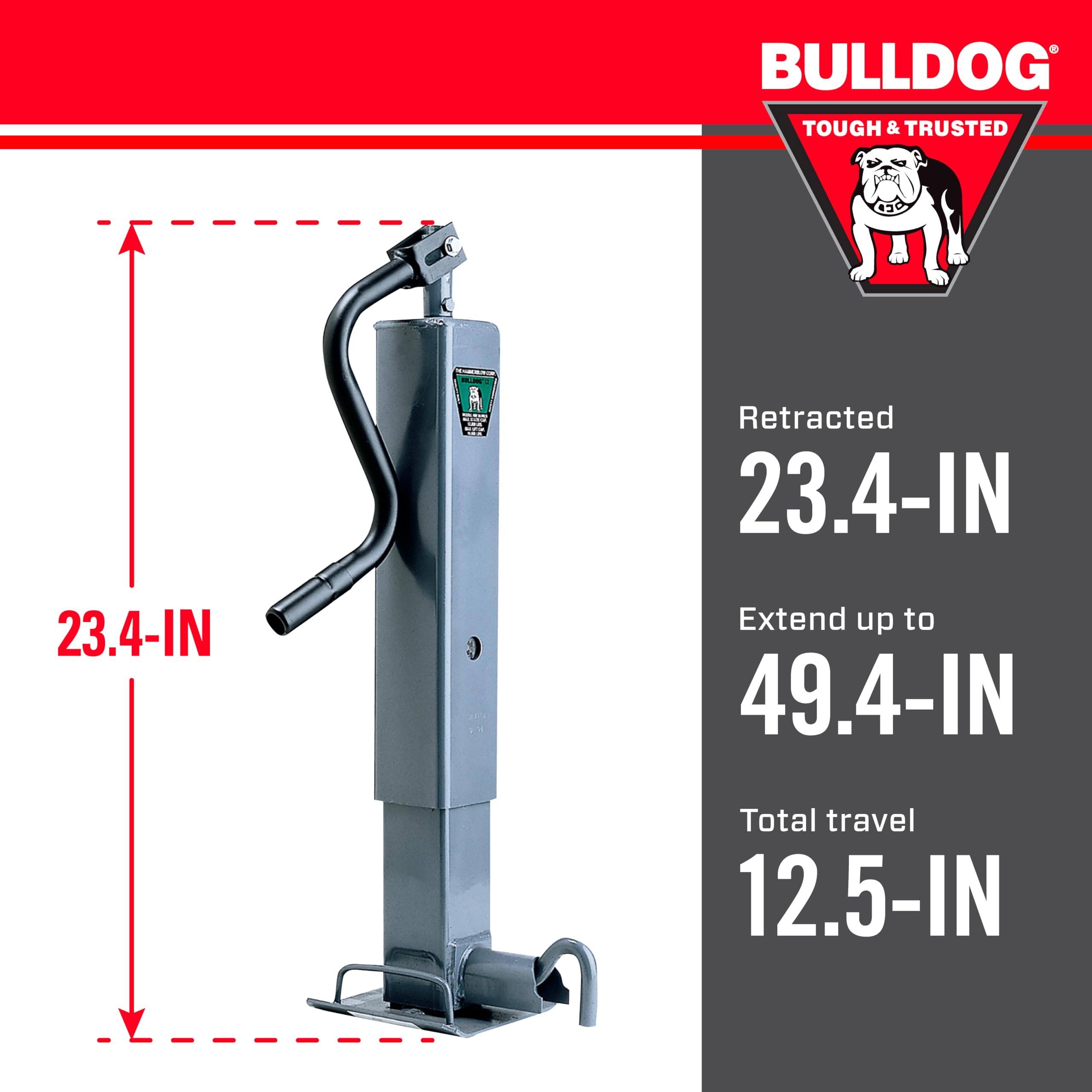 182304 Bulldog HD Square Trailer Jack, 12,000 lbs. Support Capacity, Topwind, 12-1/2 Inch Travel